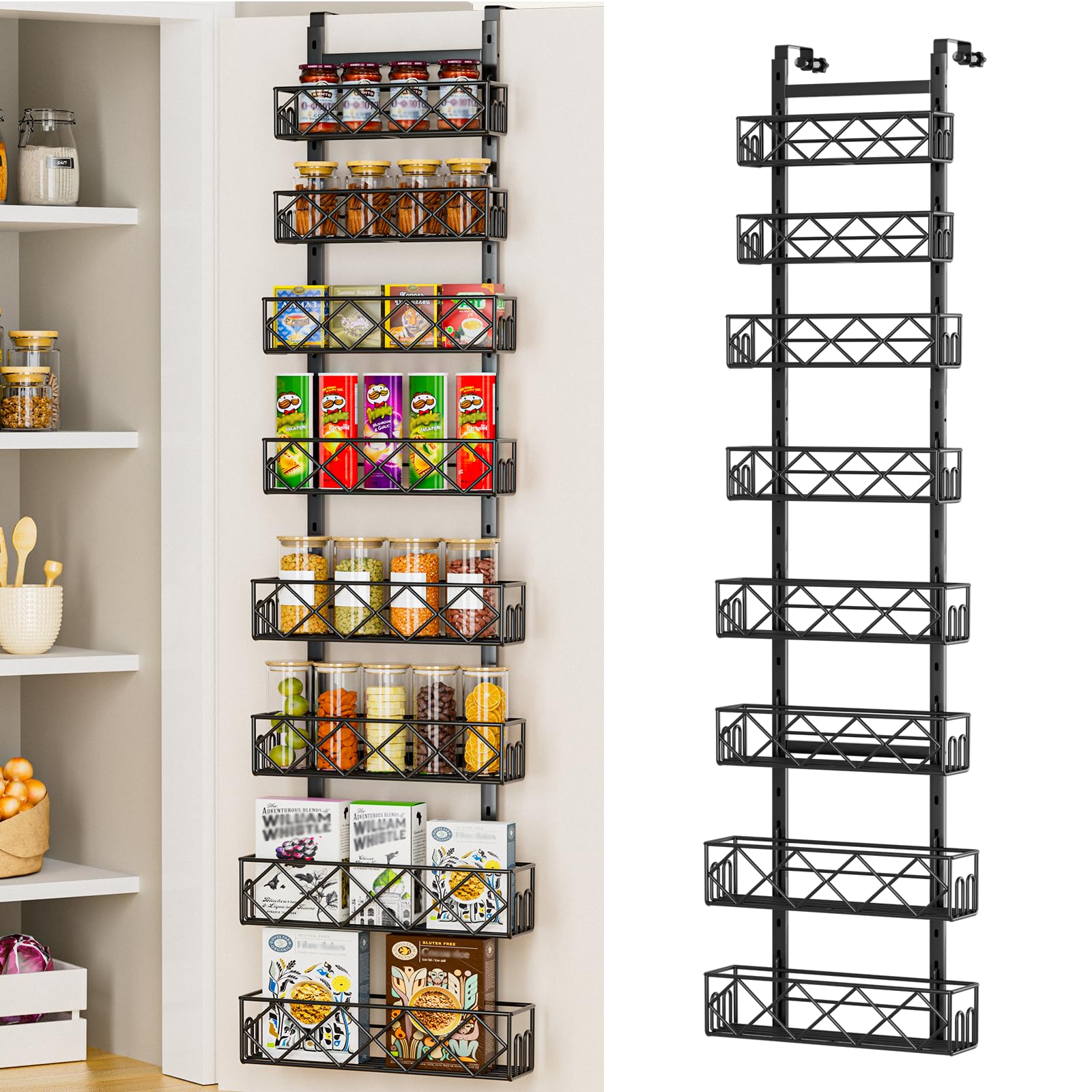 Over the Door Pantry Organizer 8-Tier Adjustable Baskets Hanging Spice Door Rack Narrow - 13.78" W x 65.16" H Behind the Door Storage for Kitchen, Bathroom, and Closet Organization- Black