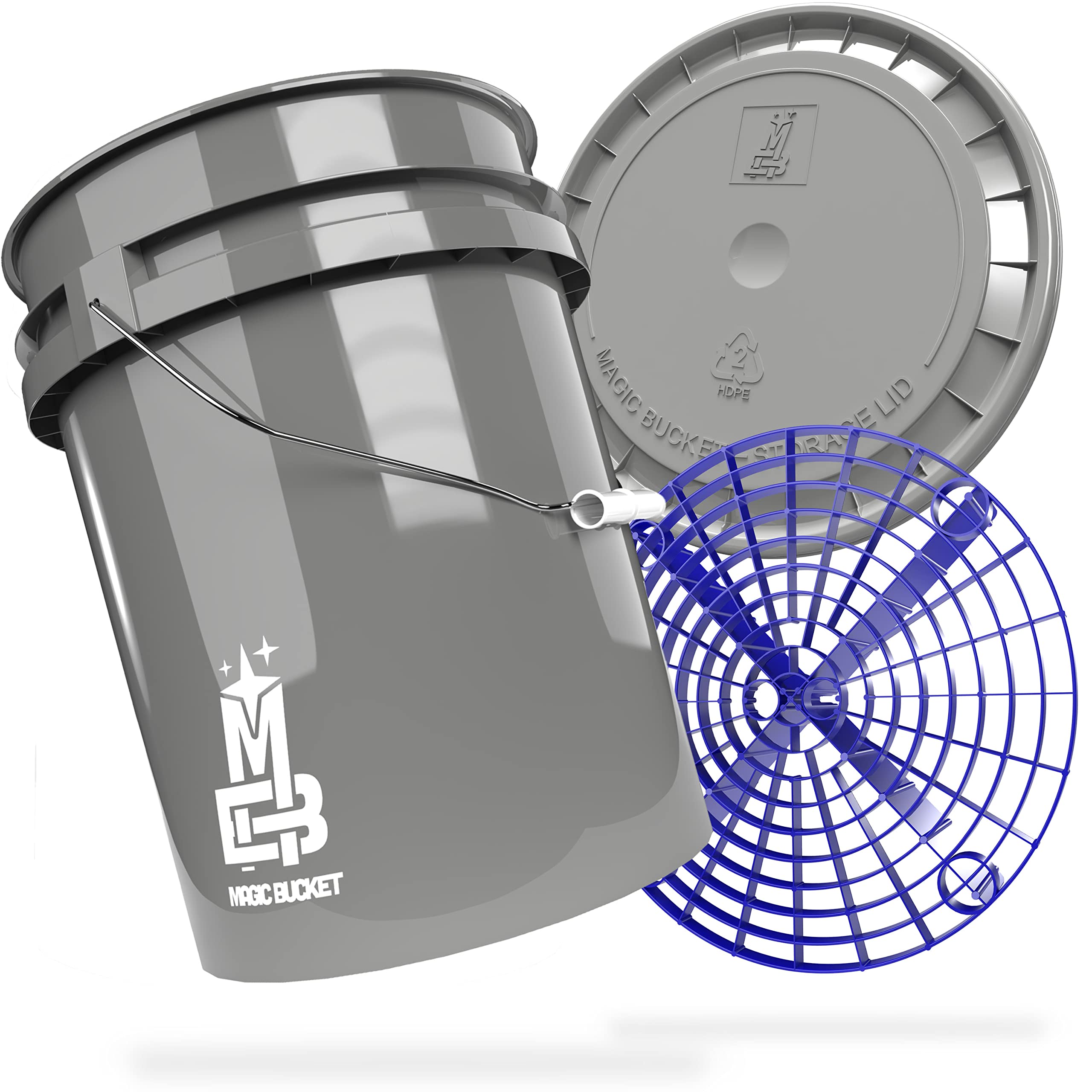 MAGIC BUCKET Car Hand Wash Bundle | Wash Bucket with Matching Bucket Lid 5 US Gallons Approx. 20 Litres | With Grit Guard Bucket Insert Dirt Strainer | Washing Set Grey/Blue