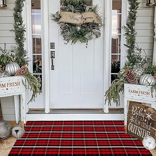 Alfombra de Navidad a cuadros para exteriores, 2 x 4 pies 3 pulgadas, rojo y negro, alfombra de área para interiores y exteriores, alfombra de capas
