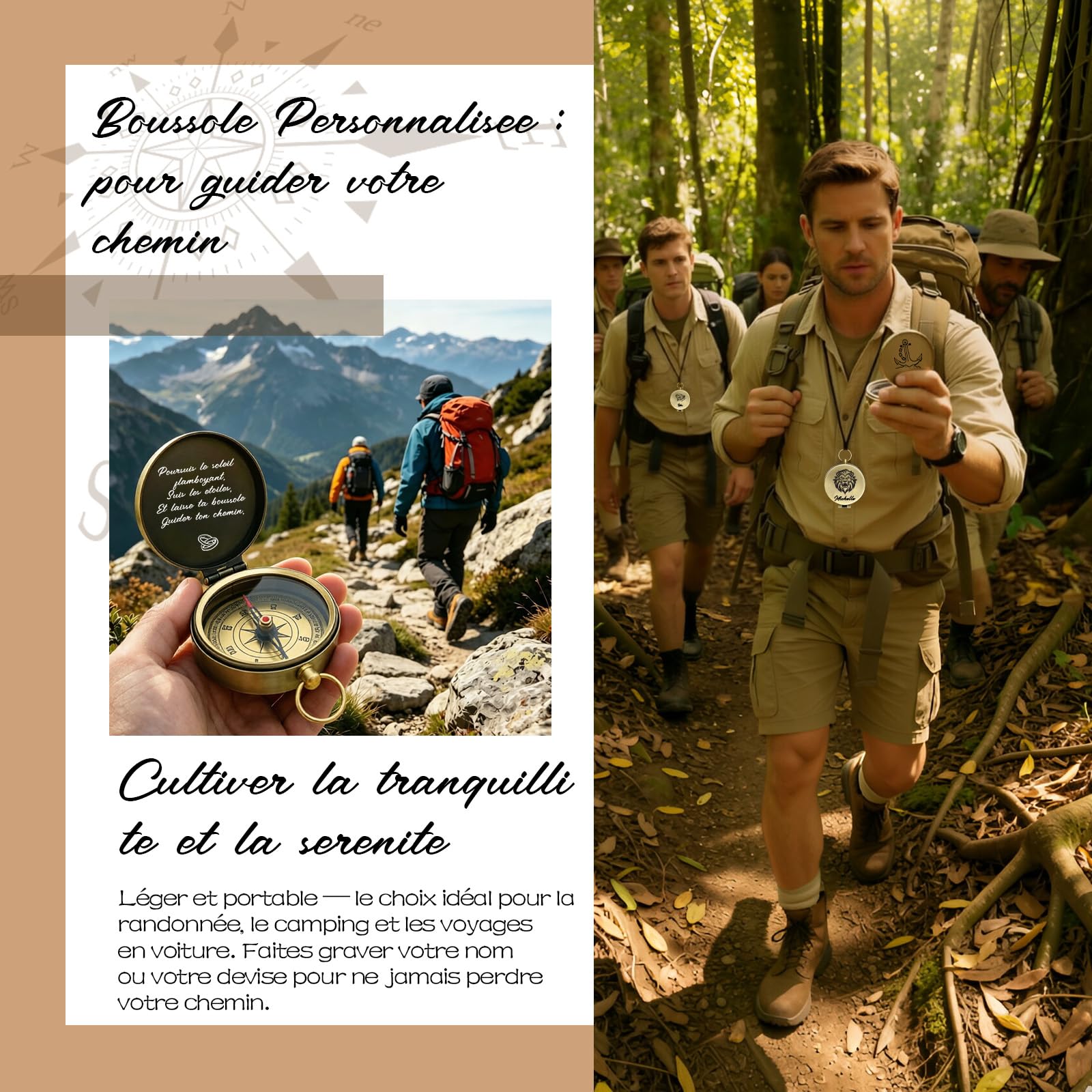 Boussole Personnalisée avec Nom Boussole de Poche Gravure Personnalisable avec Texte et Icône Cadeau Homme Femme Aventurier Ami Randonnée Mariage
