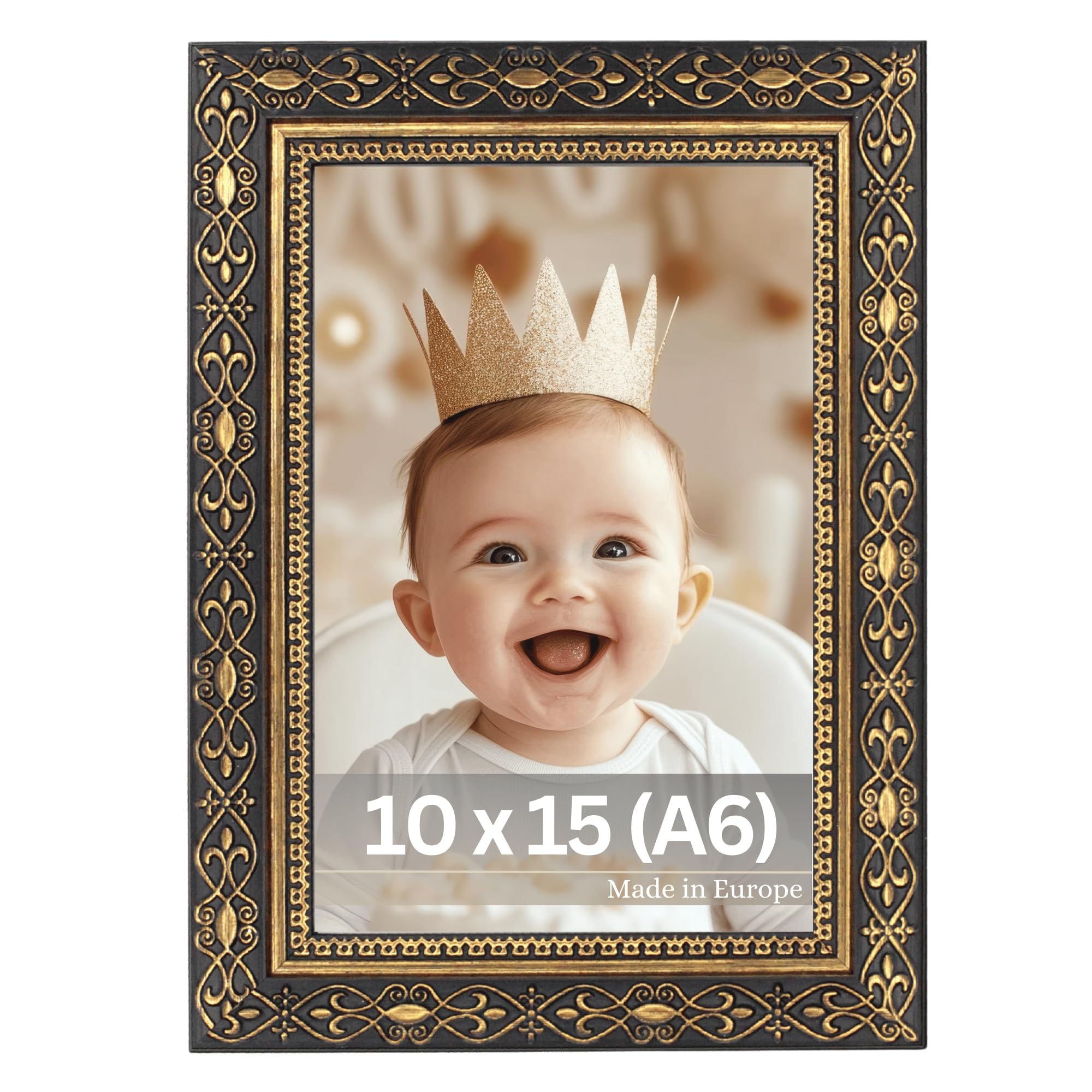 VictoR vintage Bilderrahmen schwarz gold 10x15 cm (A6) „Vermeer“ - antik barockrahmen mit Acrylglas - stabiler MDF-Rückwand - für Hoch- und Querformat - A4 Bilderrahmen schwarz gold