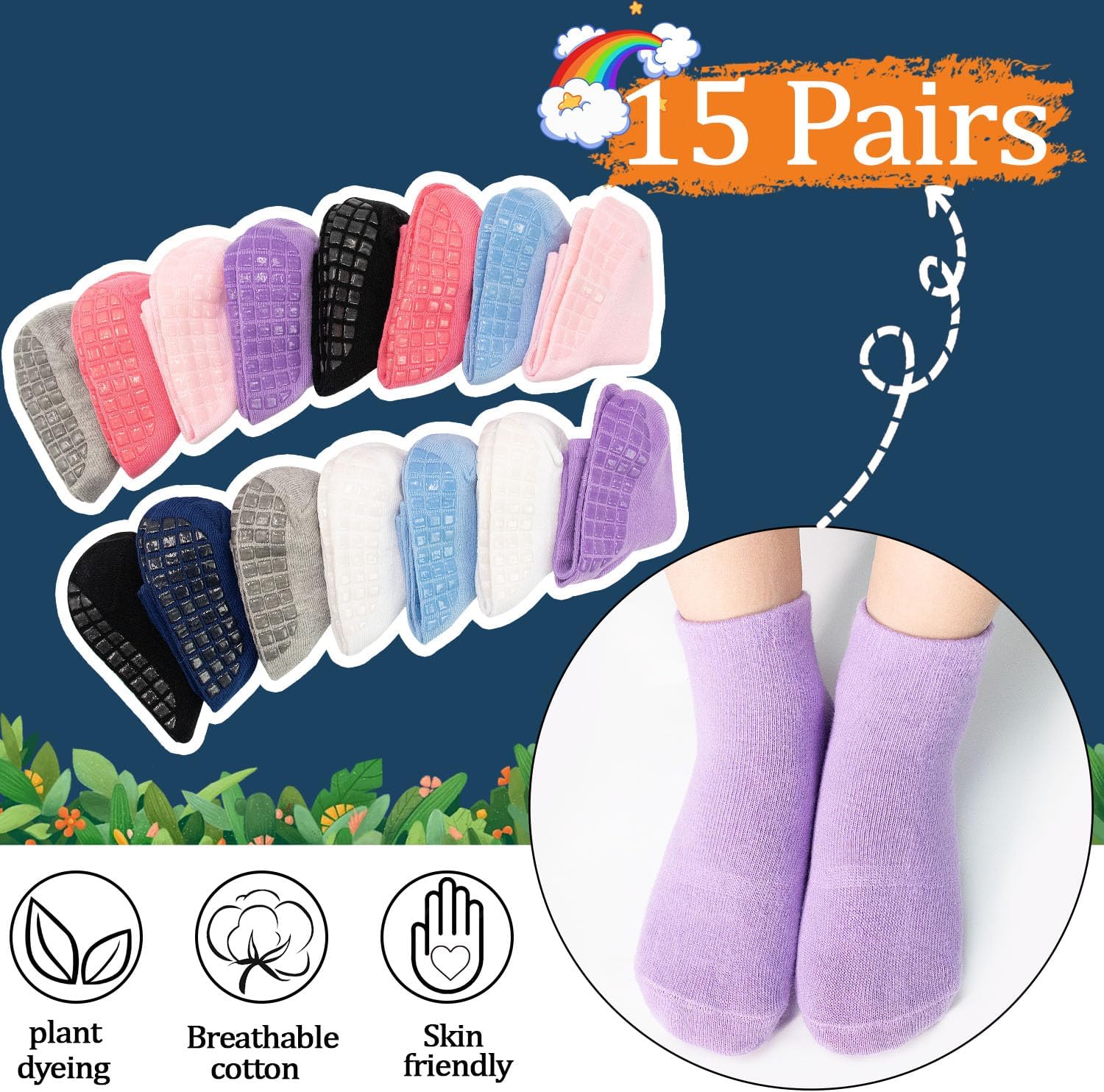 Toddler Grip Socks 15 Pairs, Non Slip Baby Socks with Grippers for Boys Girls Crew Anti Skid Kids Sock 0-7 Years - Image 6