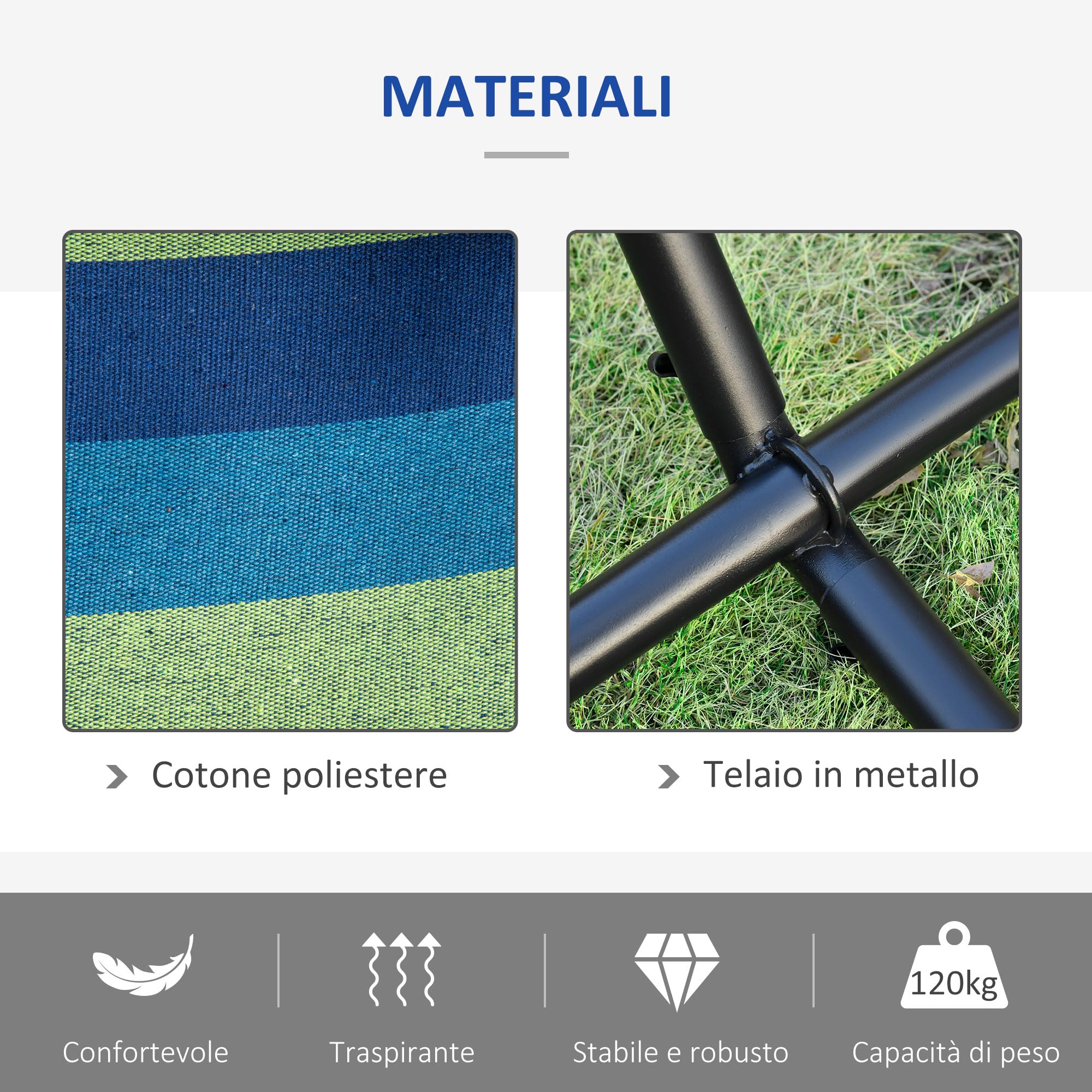 Outsunny Amaca da Giardino Sospesa 310x117 cm con Altezza Regolabile e Supporto, Capacità 120 kg, Amaca Autoportante con Borsa di Trasporto, per Campeggio, Giardino, Balcone, Patio, Verde e Azzurro