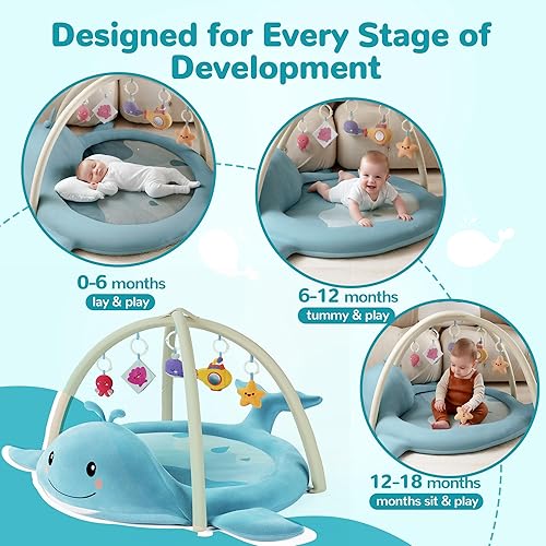 Miniatura 6 de Tapete de juego para bebé, tapete de ballena con juguetes, gimnasio de actividades para bebés de 0 a 12 meses, tapete sensorial 100% algodón para