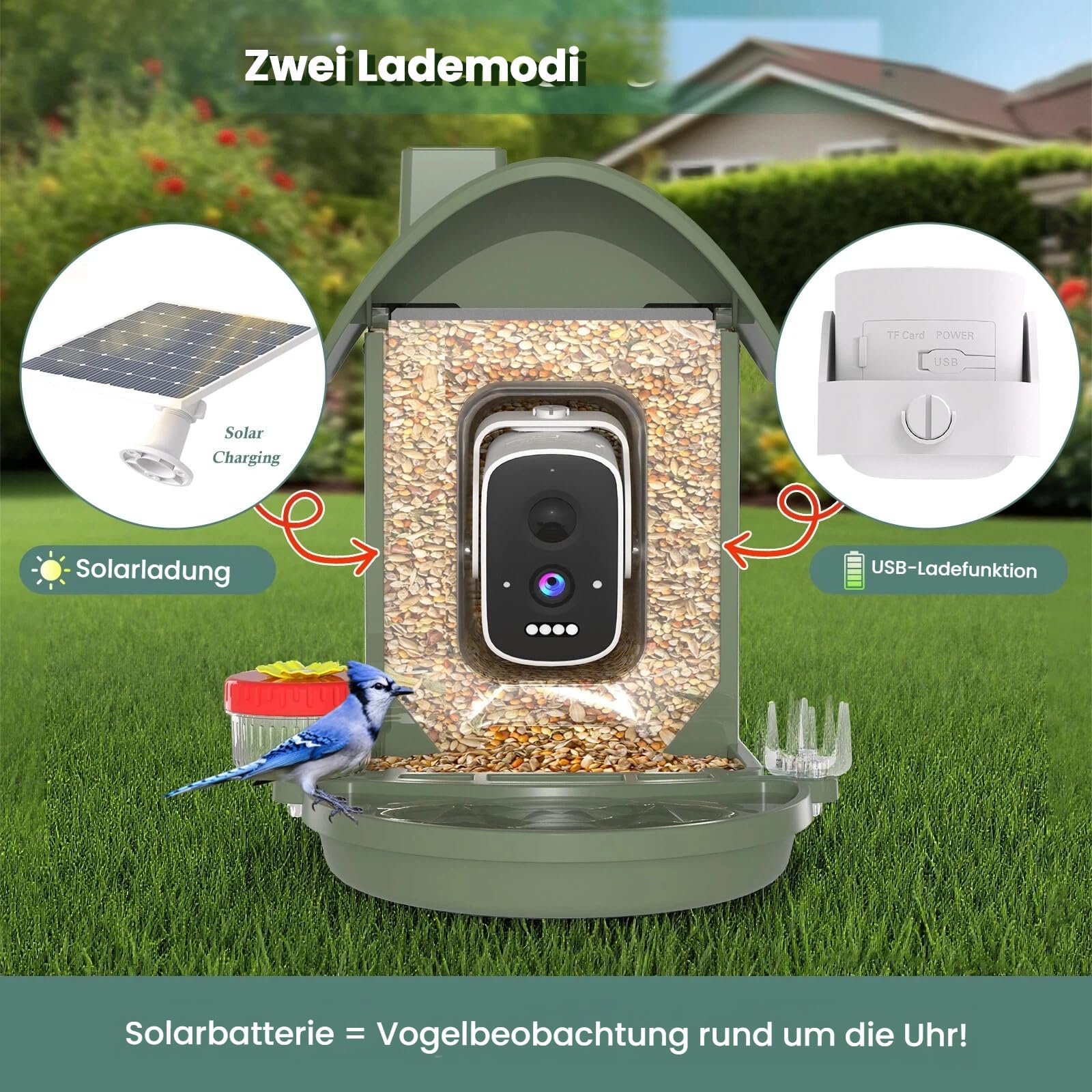 Vogelhaus mit Kamera, 3K Smart Vogelhäuschen mit KI-Vogelerkennung & Vogeltränke, Solarbetrieben Vogelbeobachtung Kamera mit Edelstahlkabel & Futter-Schutznetz, Outdoor Garten Geschenk