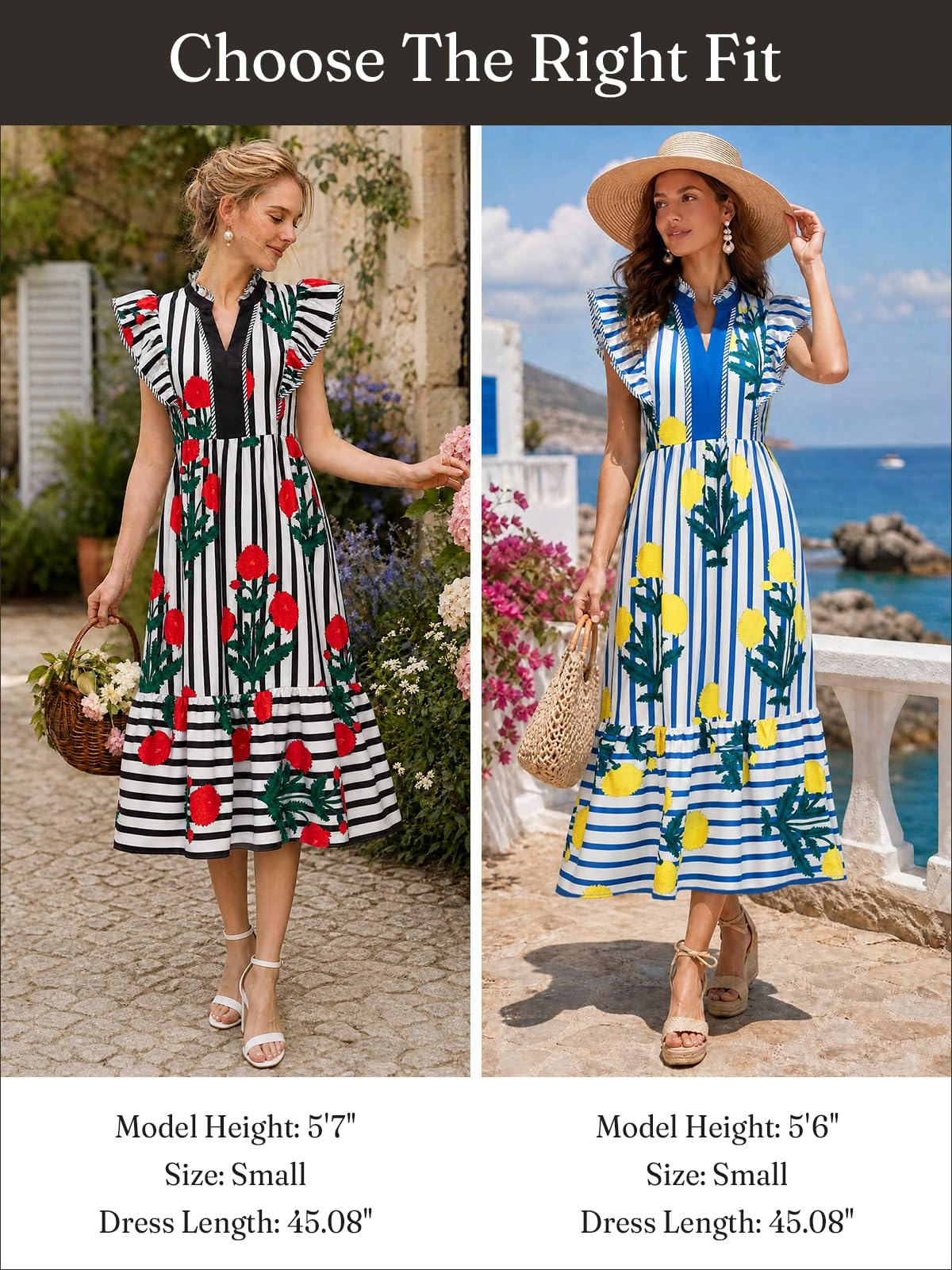 Wenrine Damen-Sommerkleider 2026, V-Ausschnitt, Rüschen, Flügelärmel, Empire-Taille, fließendes Blumenmuster, gestreift, Strand-Maxikleid mit Taschen