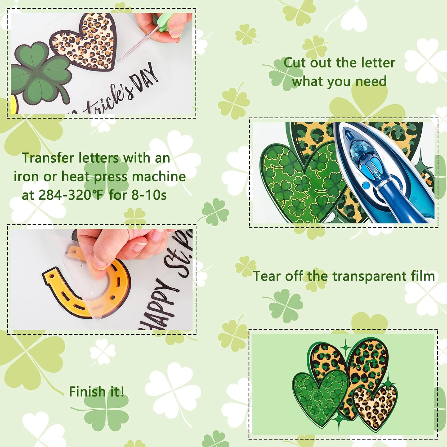 Whaline 12 Sheets St. Patrick's Day Iron On Transfers Patches Leopard Lucky Shamrock Gnome Heat Transfer Iron Patches Irish Holiday Heat Transfer Stickers for Clothing Fabric DIY Craft Costume Decor