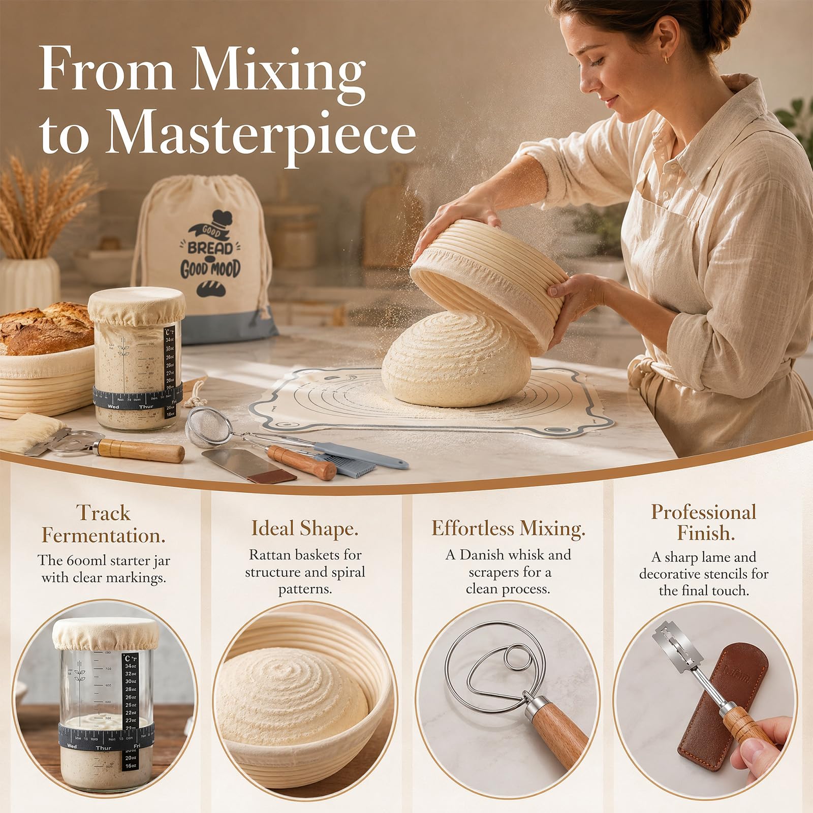 Kit Masa Madre Completo con Cesta de Fermentación Ratán | Jarra de Vidrio, Batidor y Cortador, Accesorios Panadería Artesanal para Principiantes y Regalo, Transpirable
