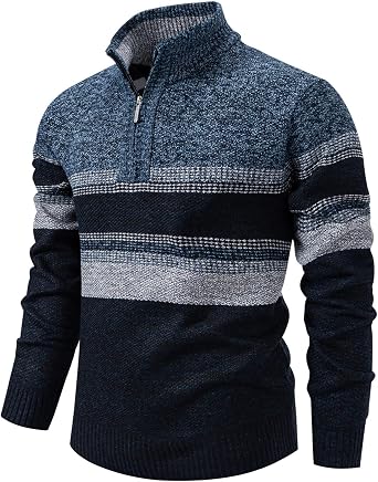 Mens Sweate Quarter Zip Striped Pullover Color Block Knit Sweaters for Men, Long Sleeve Casual Polo Sweatershirt