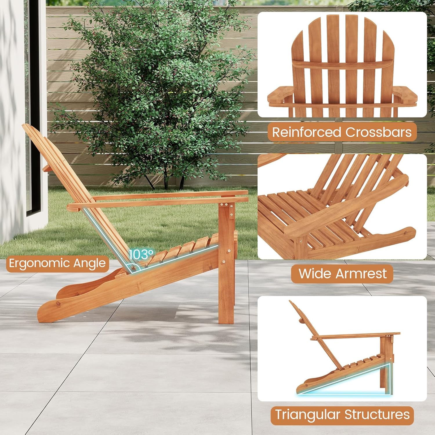 DORTALA Adirondack Chair, Acacia Wood Fire Pit Chair with Arc-Shaped Backrest and Armrests, 400 LBS Weight Capacity, Outdoor Lawn Chair for Patio, Backyard, Deck and Poolside (1)