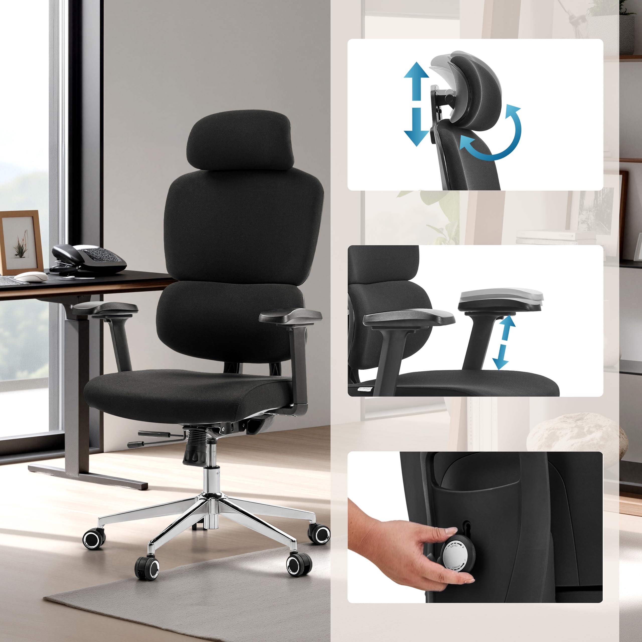 hjh OFFICE Profesjonalne krzesło robocze Ergomy F 2 | mechanizm synchroniczny – zagłówek z regulacją wysokości i podłokietniki 3D, kolor czarny