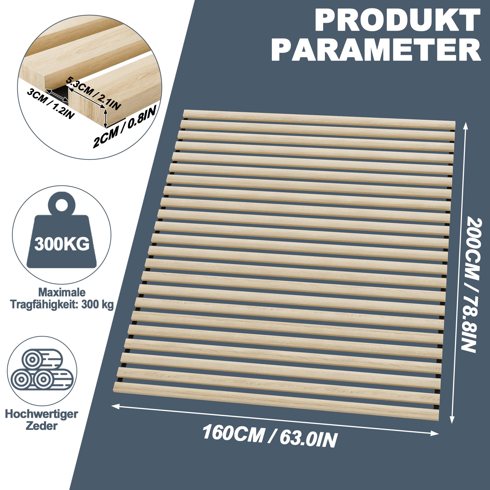 UISEBRT Rollrost Lattenrost aus Fichtenholz, 23 Leisten, 160 x 200 cm Rolllattenrost, Holzlatten mit schwarzem Gummiband, für alle Matratzentypen geeignet, Tragkraft bis 300 kg