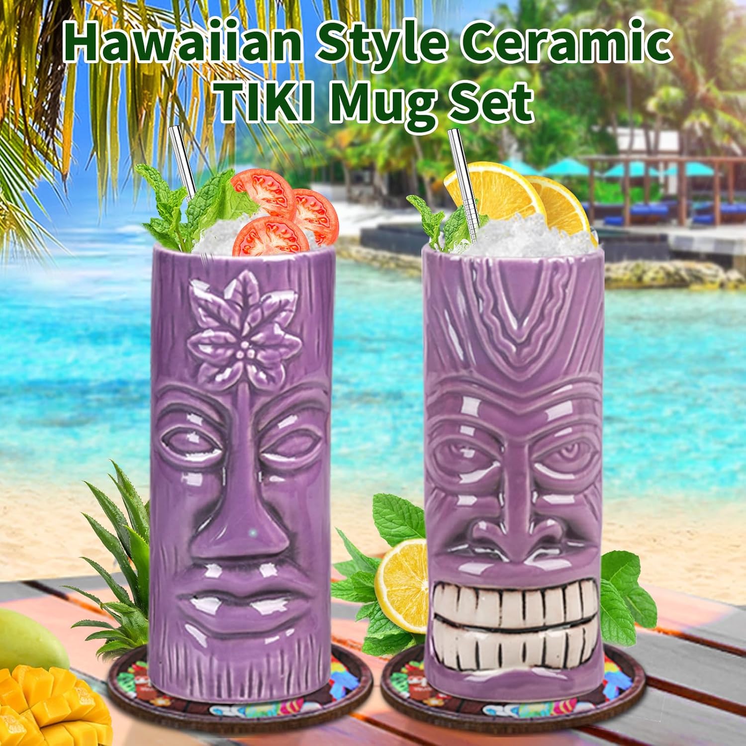SuproBarware TIKI Mug Set - Set of 2 Ceramic TIKI Mug 15oz/440ml Tropical Style Cocktail Glass Set for Cocktail Lover (Purple Set) - Image 6