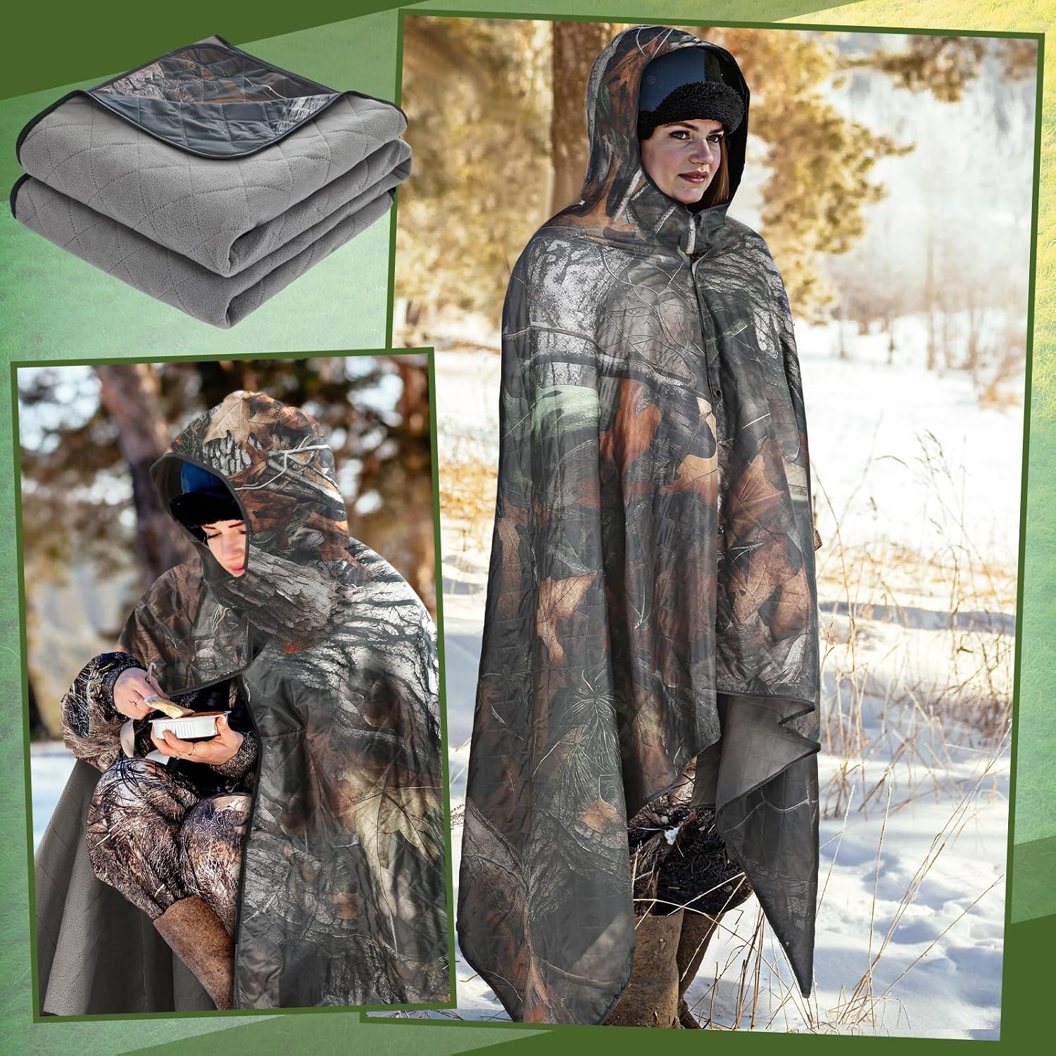 VitalCozy 55" x 95" Waterproof Woobie Camo Blanket for Hunting Extra Outdoor Stadium Blankets Sherpa Lining with Hood and Storage Pocket for Deer Duck Hunting Gear Blind Accessories(Bionic Bush Camo)