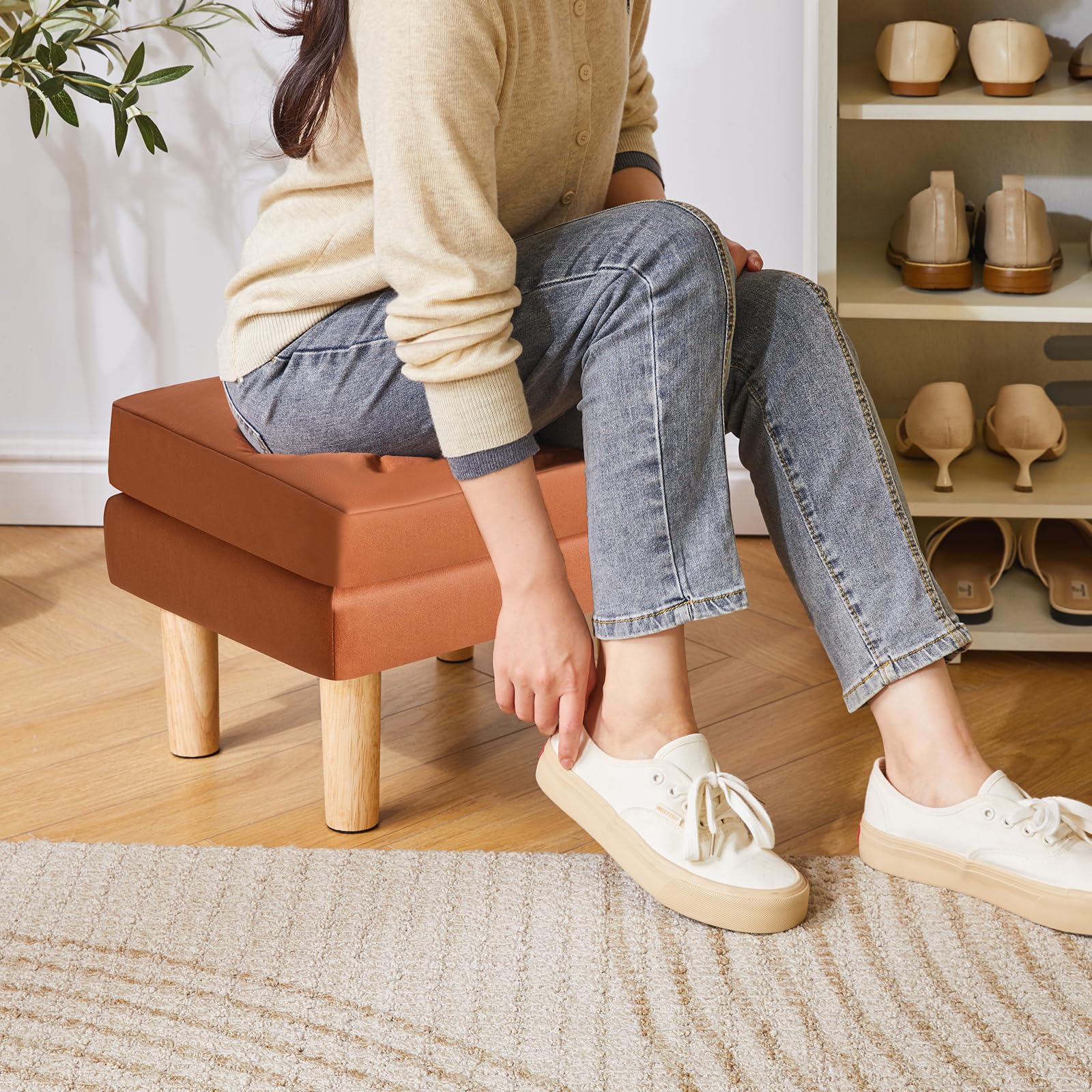 YMYNY Poggiapiedi, Pouf in Ecopelle, Superficie Morbida Rimovibile, Moderno e Sgabello per Camera da Letto, Soggiorno 41.5 x 31.5 x 32CM Arancione HBD041J