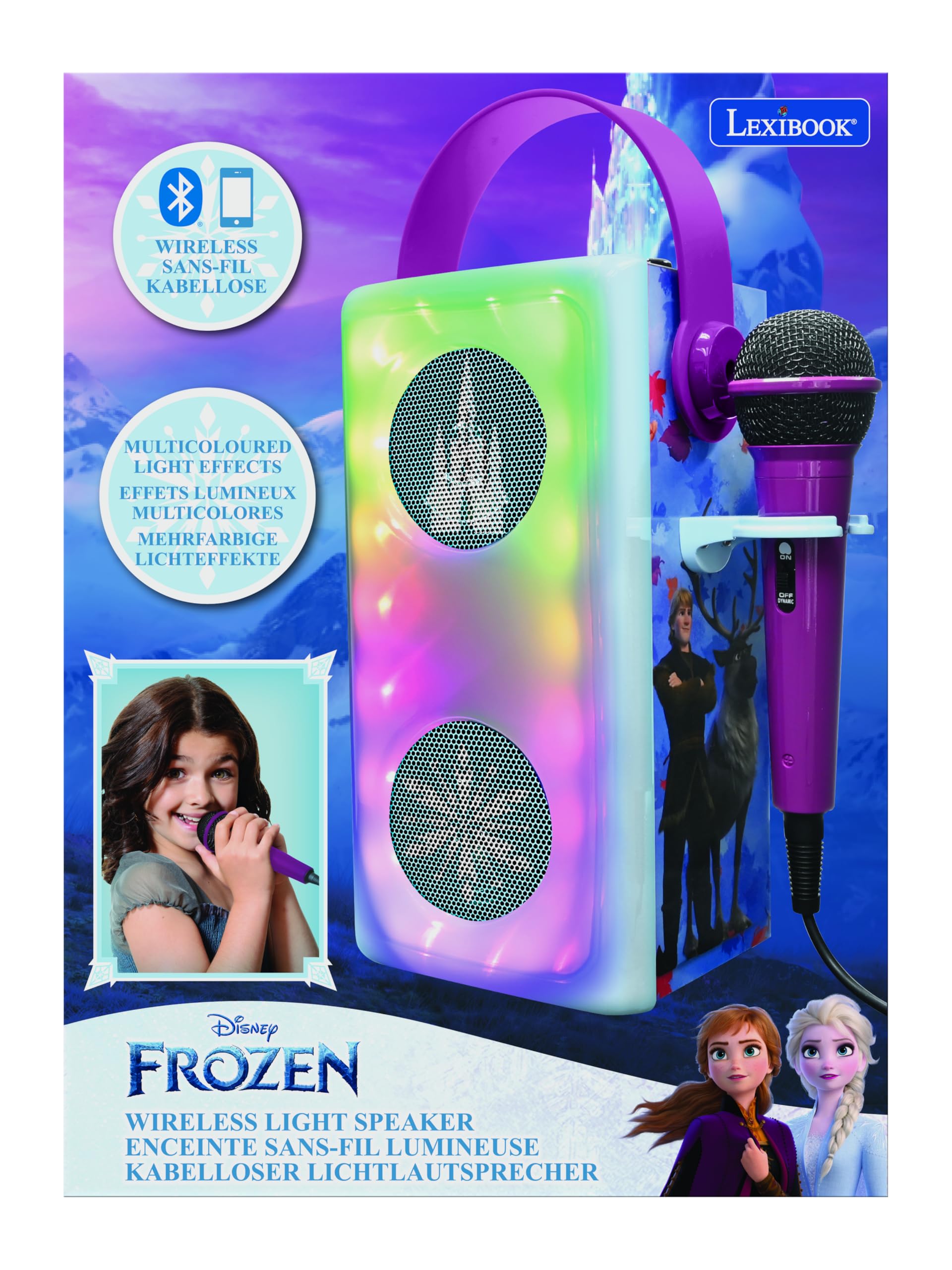 LEXIBOOK, Frozen, Altavoz Bluetooth, BTP185FZZ | Micrófono, luces multicolor, ranura SD/TF, batería recargable, azul