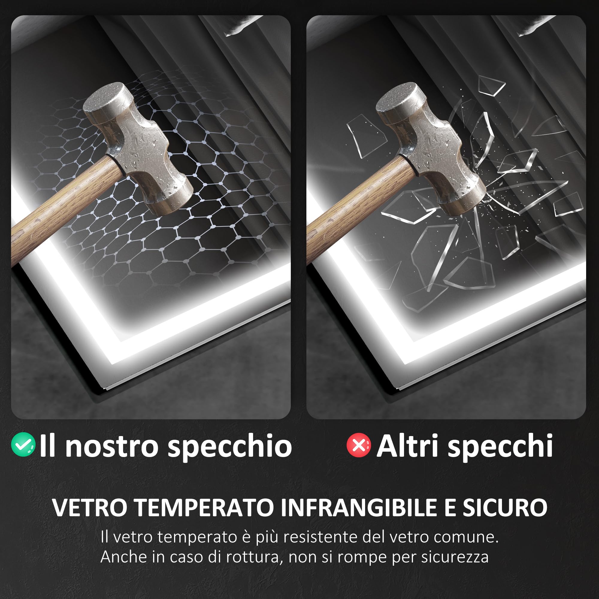 HOMCOM, Specchio da Parete con Luce LED e Speaker Bluetooth 100x80 cm | 3 Colori, Luminosità Regolabile, Funzione Memoria, Antiappannamento, Interruttori Touch, Orizzontale/Verticale