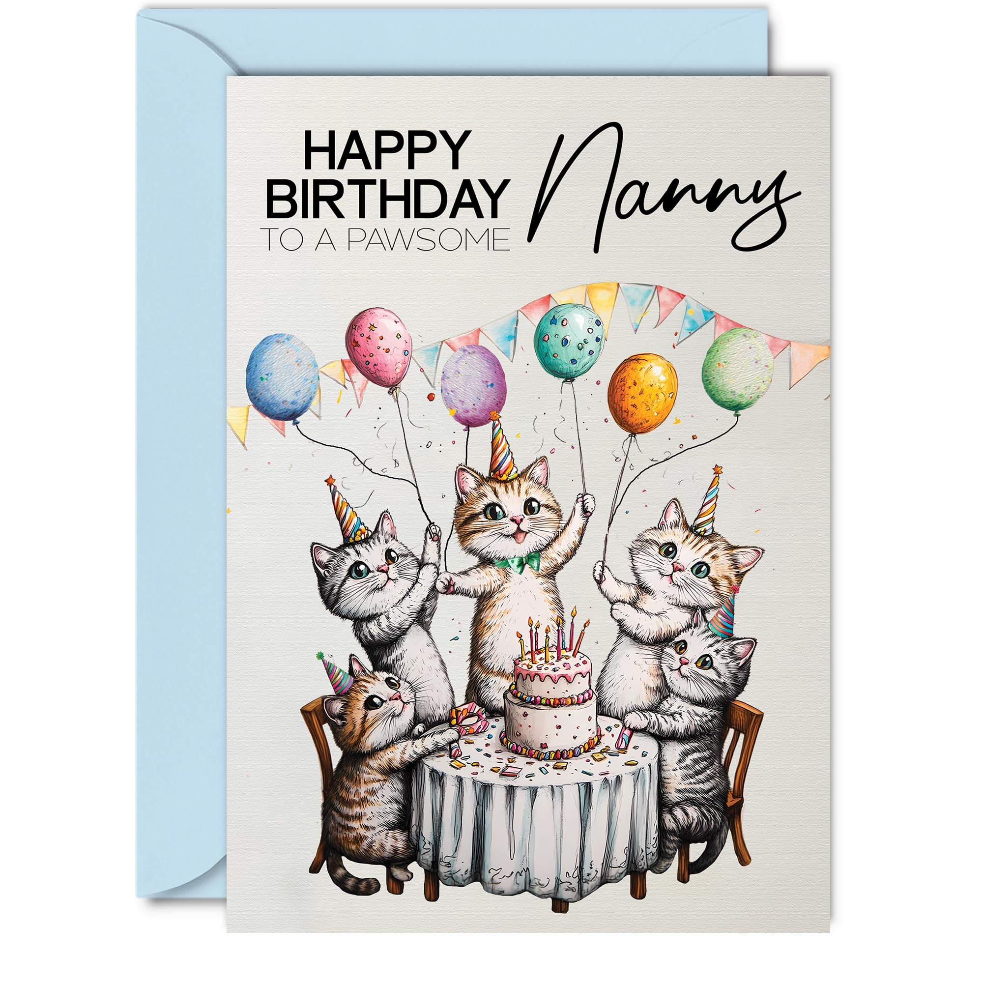 Nanny Birthday Card - Pawsome Party Cats Balloons - Happy Birthday Card for Nanny from Grandson Granddaughter, 5x7 Inch Female Cat Bday Greeting Cards