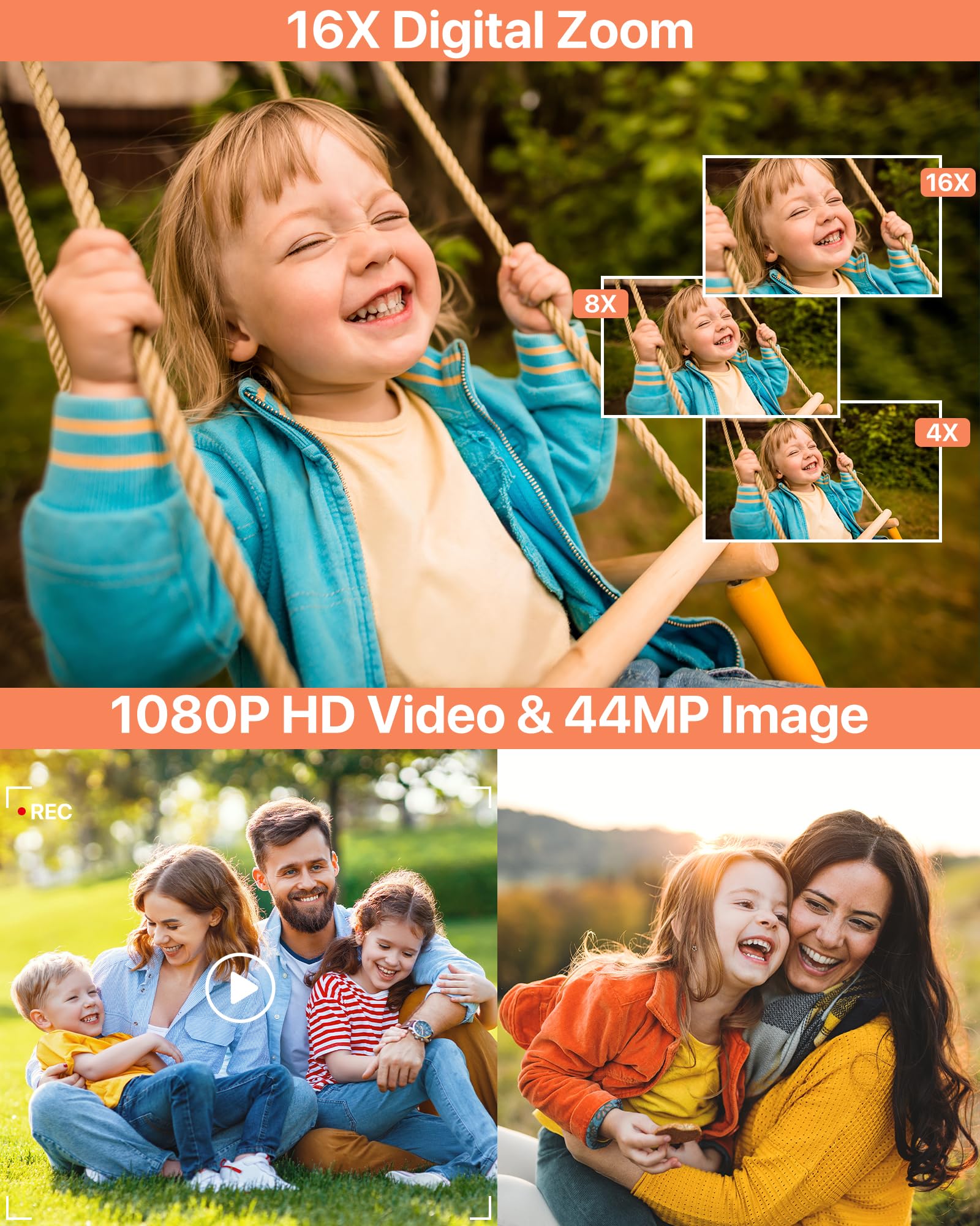 Macchina Fotografica Digitale 1080P Fotocamera 44MP Macchina Fotografica Compatta con Schermo LCD da 2,4", Zoom Digitale 16x, Scheda di Memoria Micro 32G, 1 Batteria per Bambini, Adolescenti - Noir