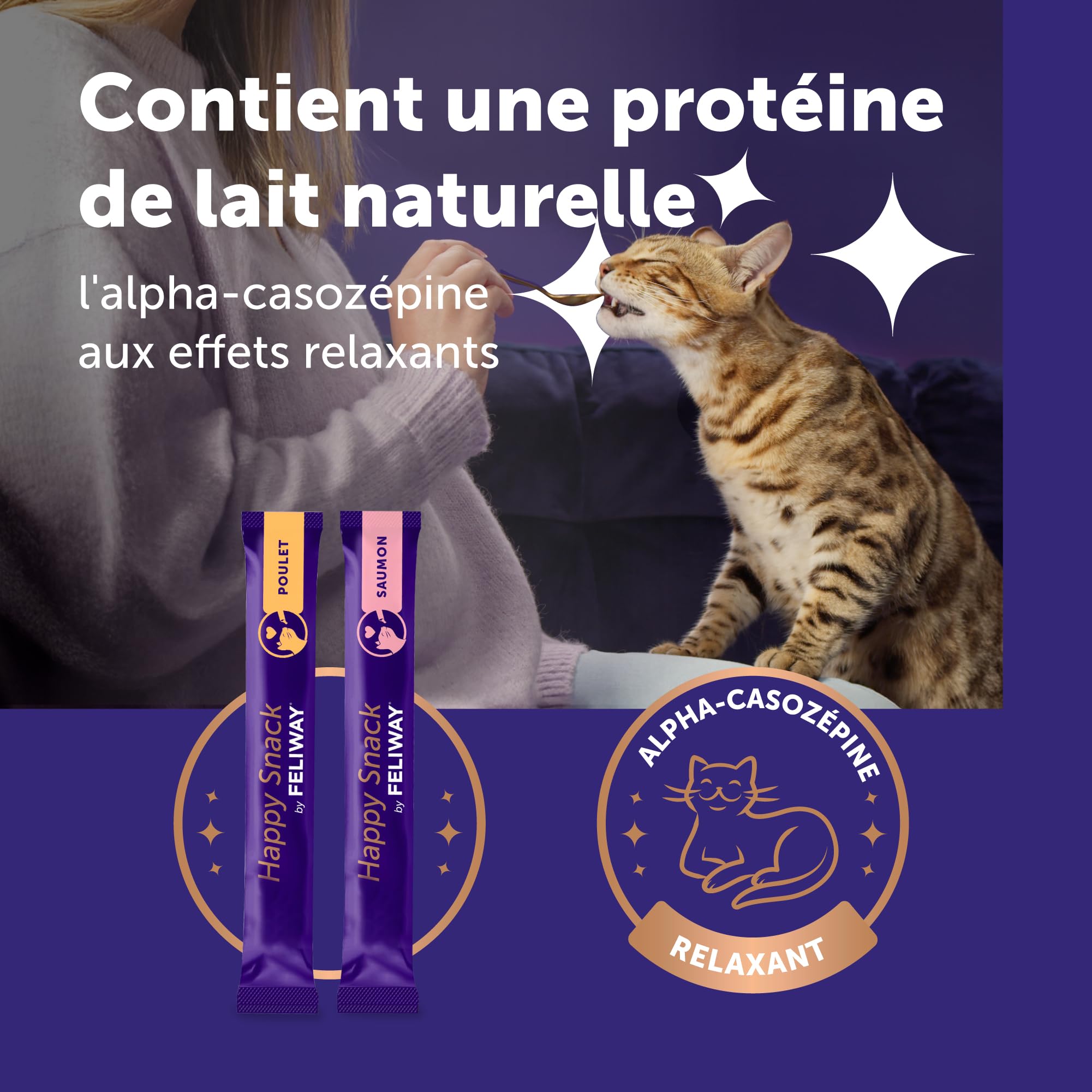 Happy Snack by FELIWAY - Friandises Délicieuses et Apaisantes pour Chats- Boite de 48 Sticks Goûts Poulet et Saumon - Aide Les Chats à se Sentir Plus Calmes et Développe Les Liens Affectifs