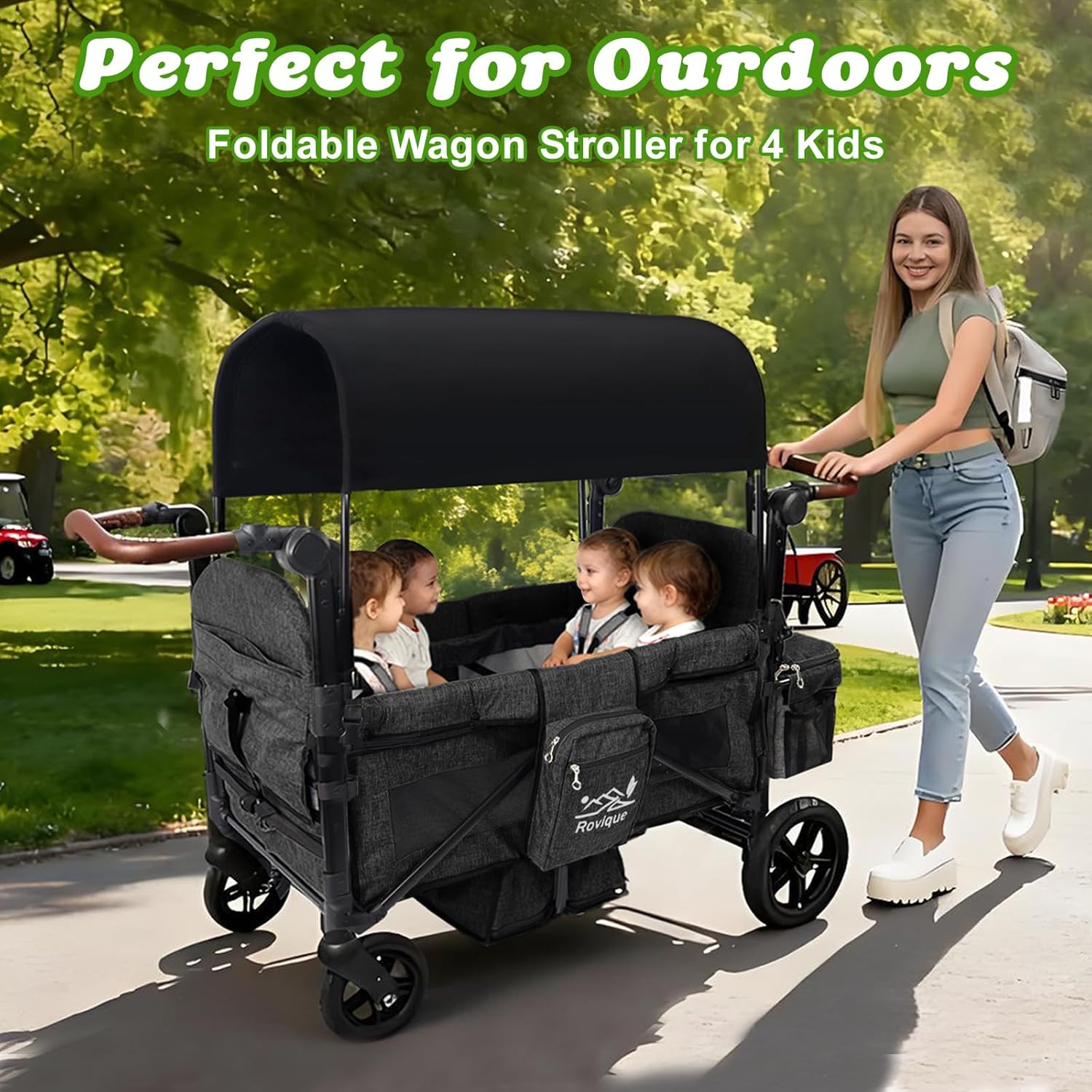 4 Seater Wagon Stroller, All-Terrain Stroller Wagon for 4 Kids with Extra Long Extender, Aluminum Foldable Baby Wagon with Large Storage Bag, Removable Canopy, Snack Tray, Adjustable Push/Pull Handle