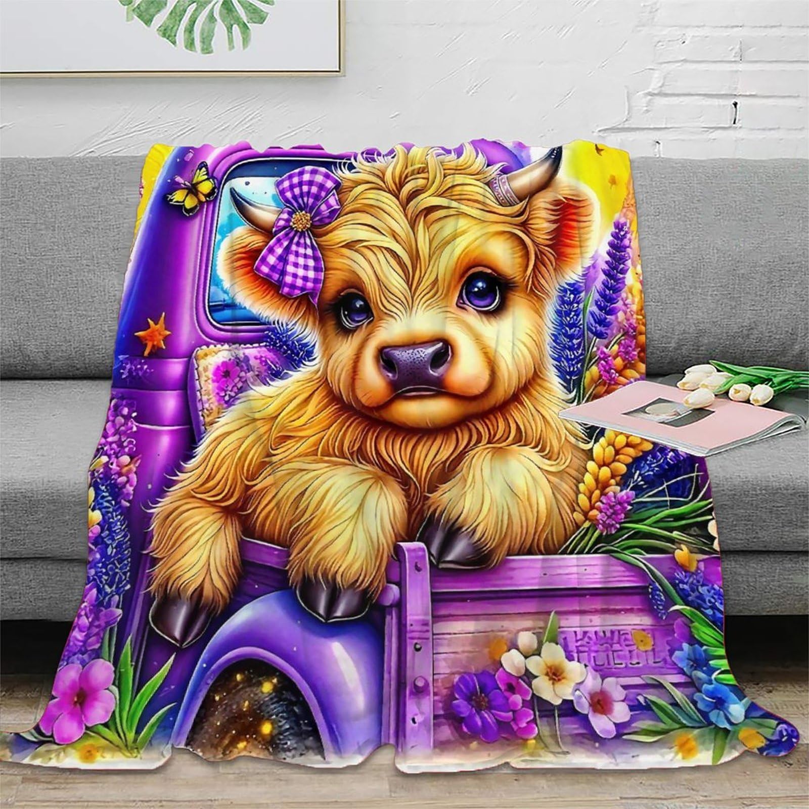 Couverture microfibre douce Highland Cattle 3D jeté de lit au toucher peluche d'exception
