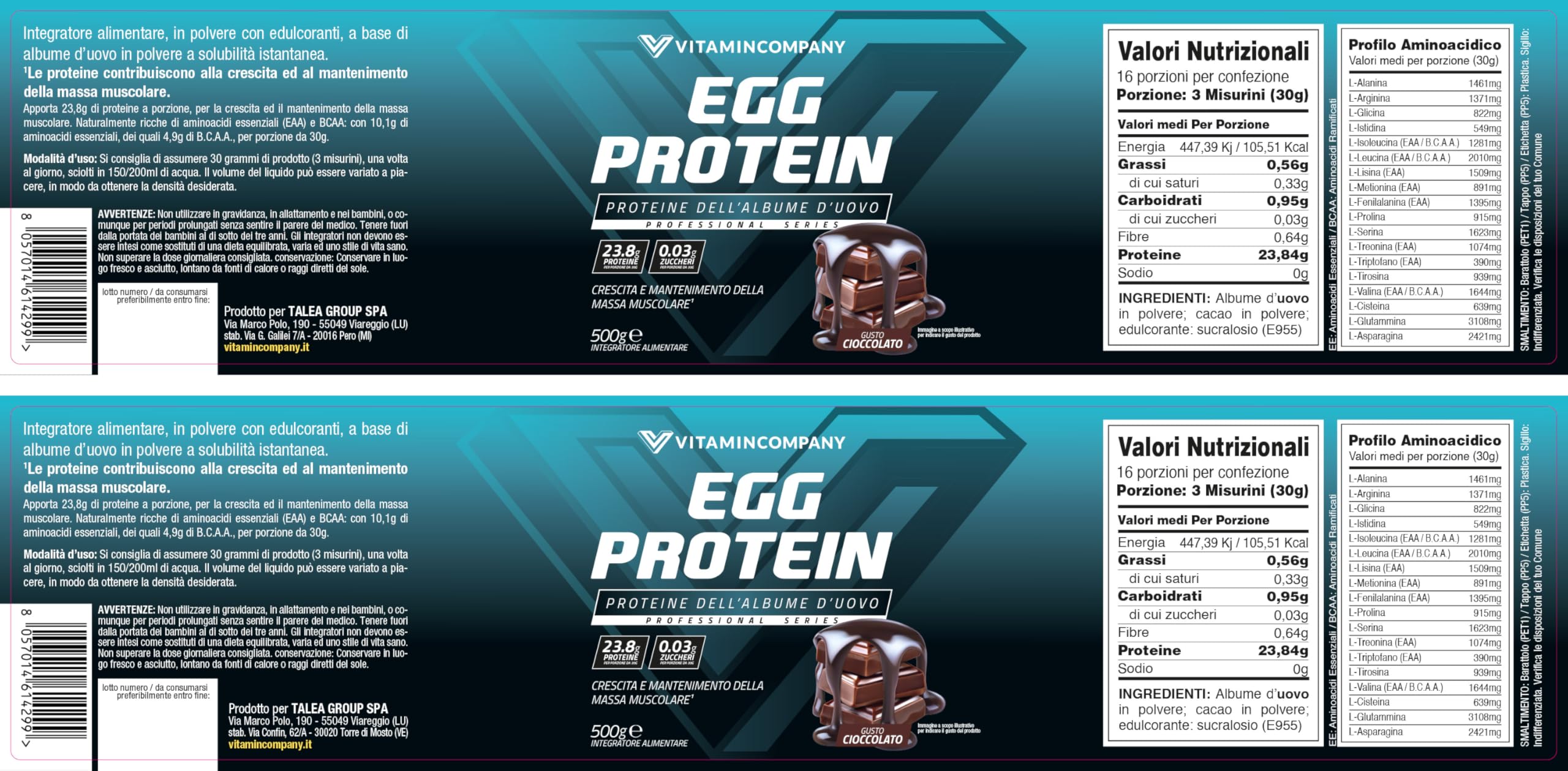 EGG Protein - Proteine dell'Albume d'Uovo per la Crescita e Mantenimento della Massa Muscolare, per Palestra e Sportivi, Gusto Cioccolato, 500 grammi