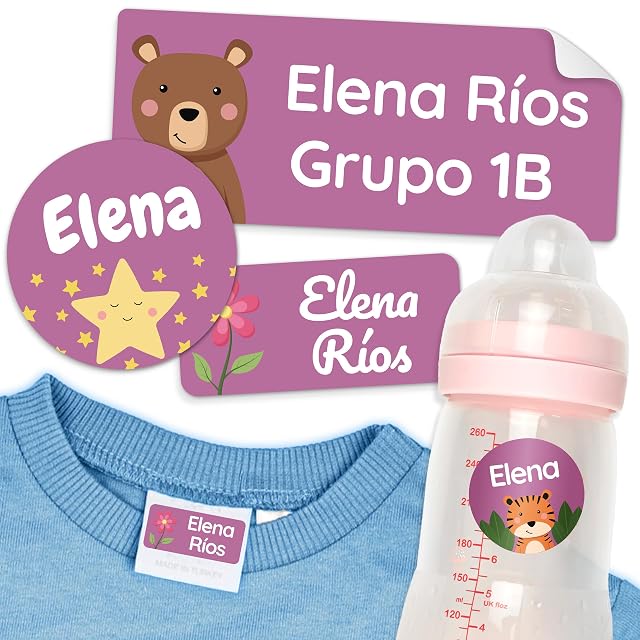 melu kids® Set de Etiquetas para Ropa Personalizadas Guardería (50 piezas) - Pegatinas Personalizadas, Etiquetas Ropa Niños y Objetos, Impermeable y en Diferentes Tamaños - Morado