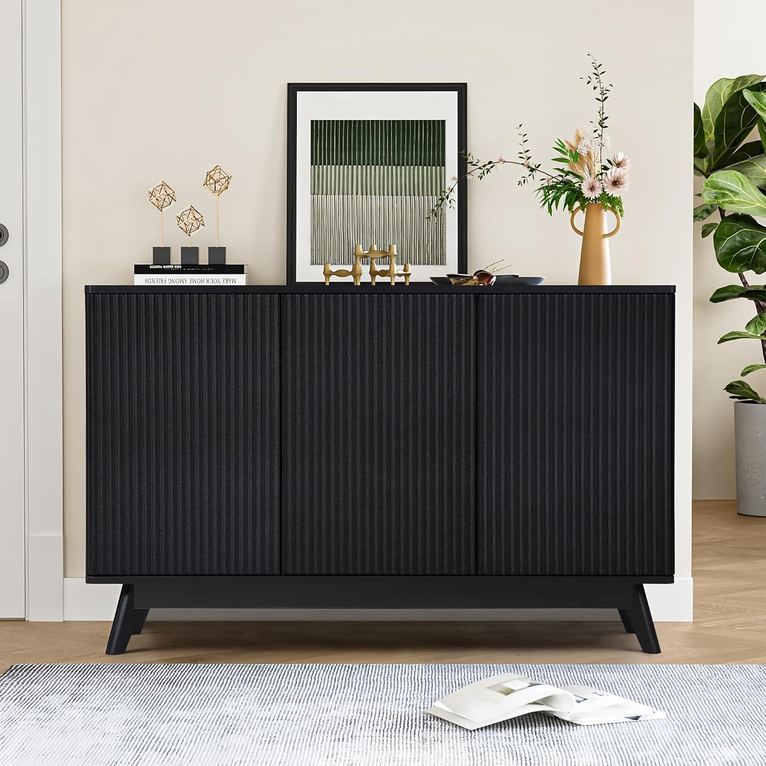 Black Sideboard Cabinet, Mid Century Modern Fluted Credenza Sideboard Long Buffet Cabinet with Storage for Kitchen, Dining Room Coffee, for Office, Living Room TV, Entrywa -3 Doors