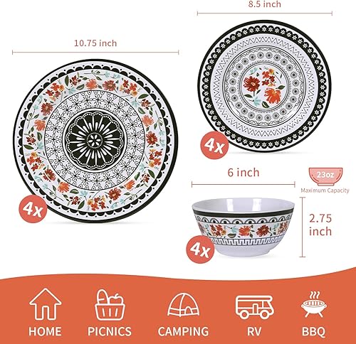 Miniatura 2 de Juego de vajilla de melamina de 12 piezas, platos irrompibles para uso en interiores y exteriores, aptos para lavavajillas, servicio de cena ligero