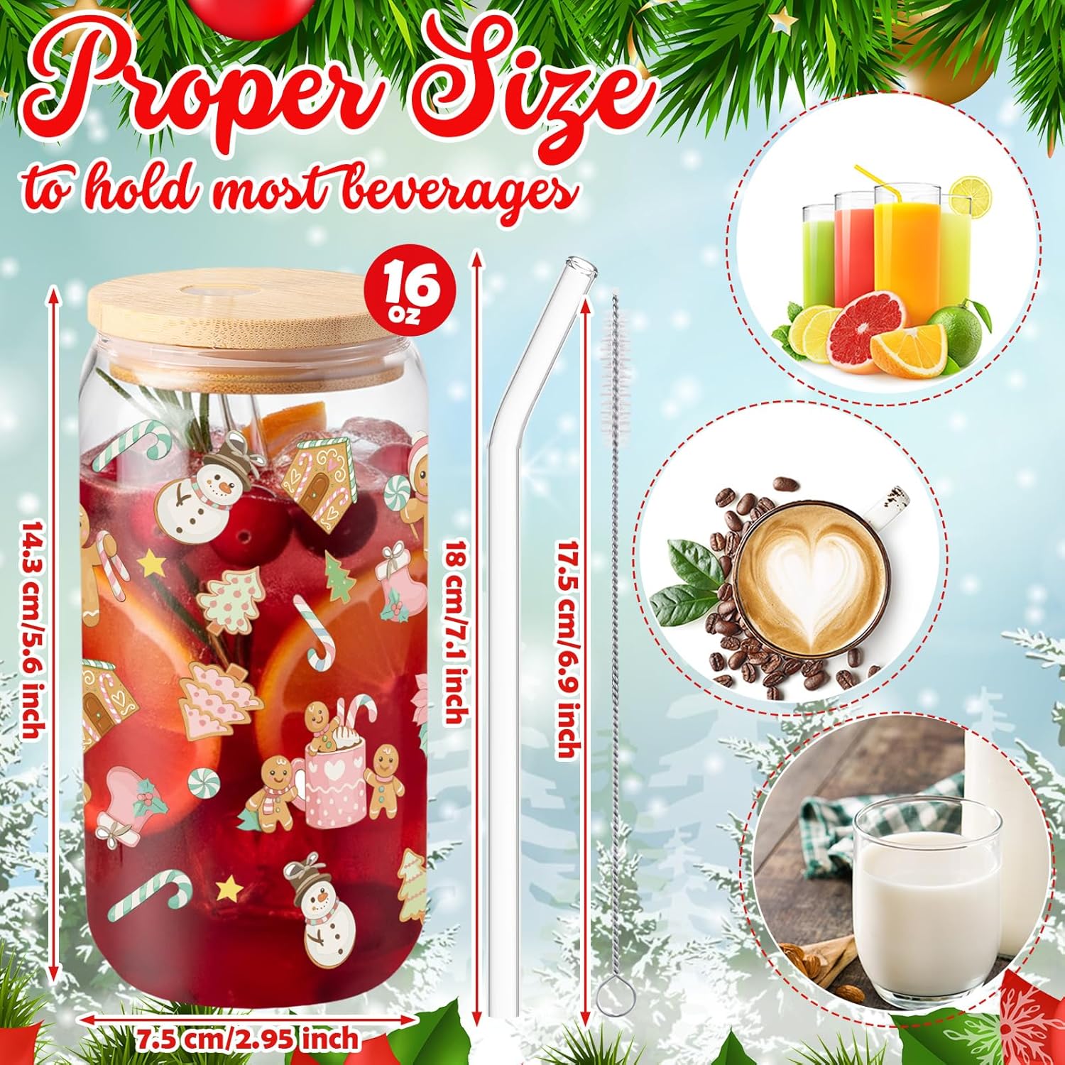 Sliner 2 Pcs Gingerbread Glass Cups Christmas Tumbler with Lid Straw Xmas Drinking Glasses 16 oz Iced Coffee Cup with Cleaning Brush Beer Can Tumbler Cute Holiday Gifts for Home Office Decorations - Image 4