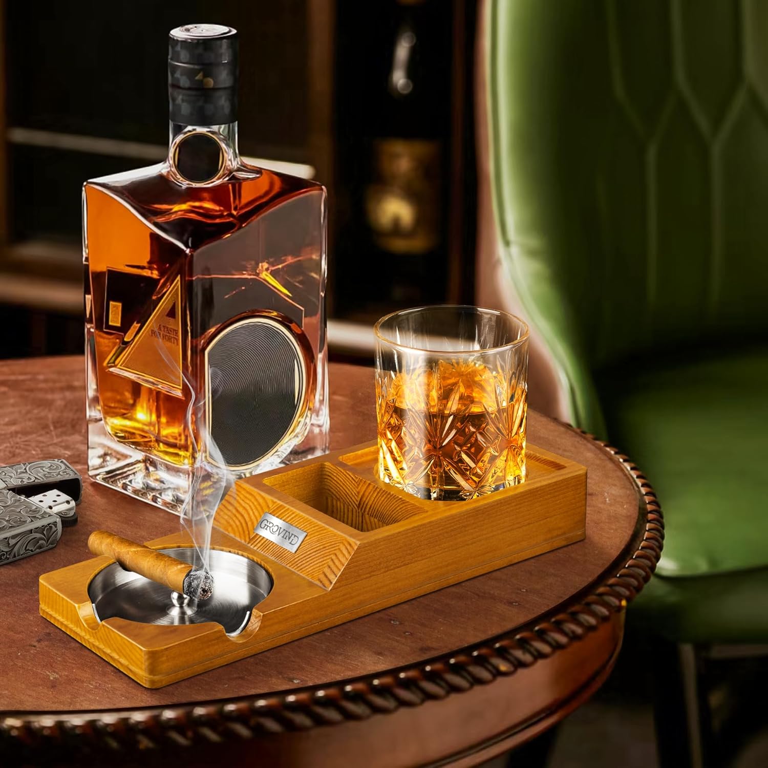 Cocktail Smoker Kit, Whiskey Smoker Kit with 6 Flavors Wood Chips & Cigar Ashtray with Whiskey Glass Tray Wooden Ashtrays Cigar Accessories Cigarette Holder