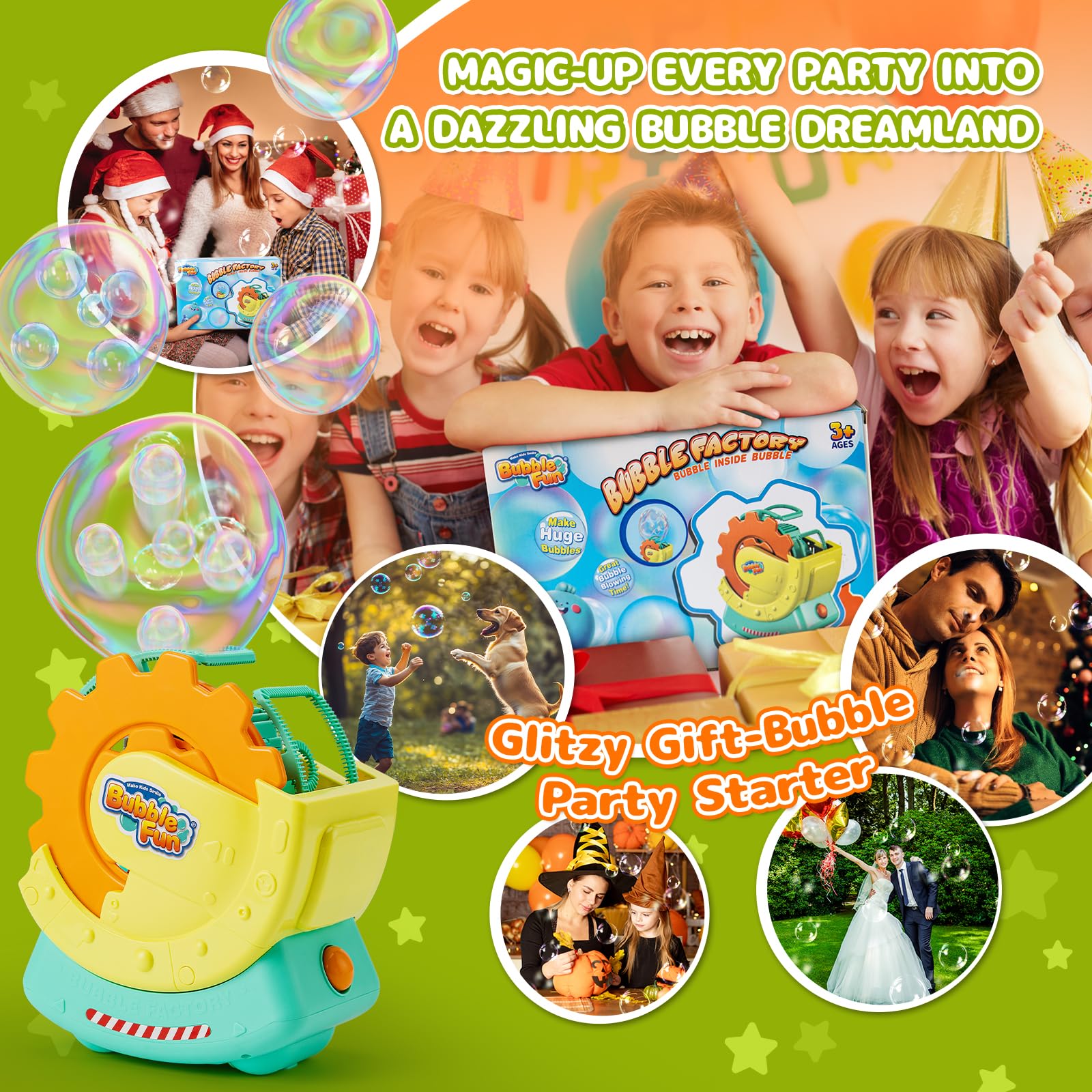 Macchina per bolle ricaricabile per bambini, bolle extra grandi con effetti Bubble-in-Bubble, giocattolo automatico veloce con soluzione da 8 once, soffiatore per bolle per giochi interno/esterno,