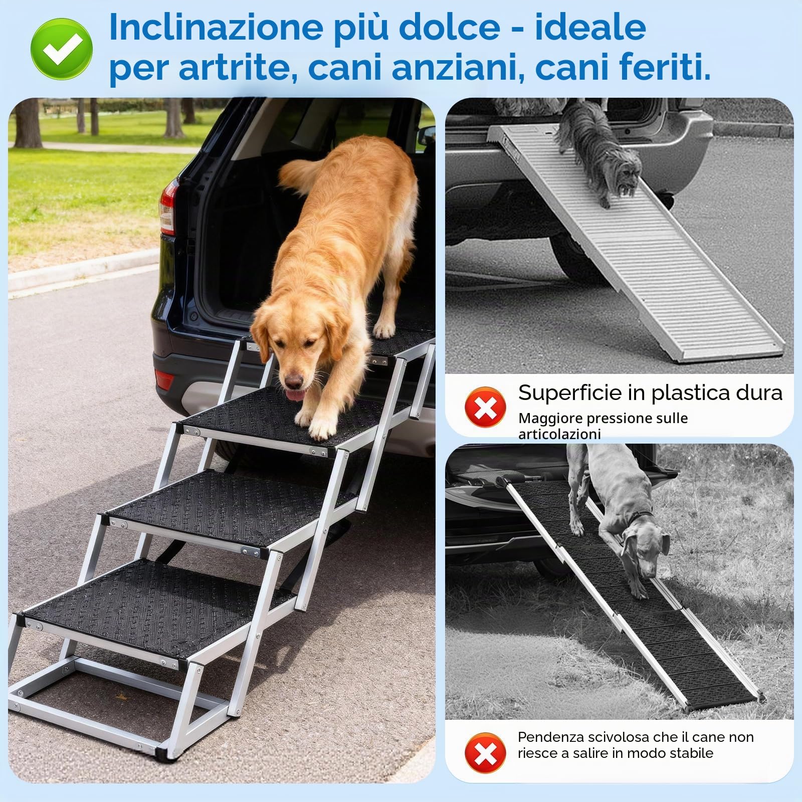 Rampa per cani a 5 stpes per auto: gradini extra larghi con tappeto antiscivolo, rampa pieghevole in alluminio portatile per animali domestici, per auto, SUV e camion, supporta fino a 70 kg