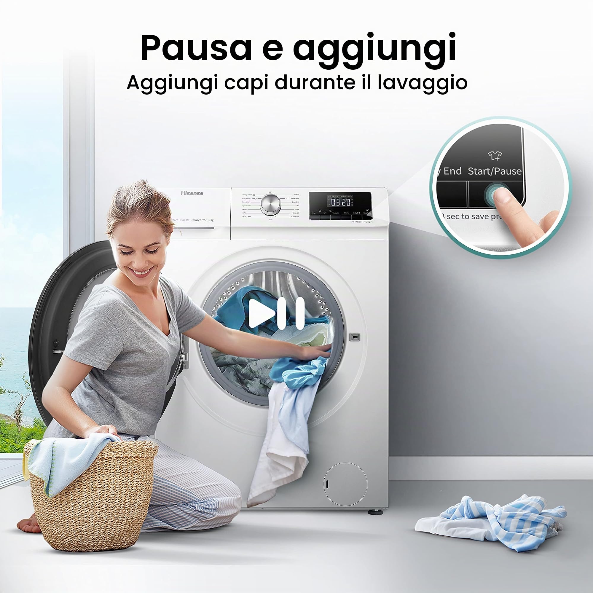 Hisense WFQA1014EVJM Lavatrice con funzione vapore/10 kg/AquaStop /1400 giri/min /15 programmi/Inverter PowerDrive Motor/Tamburo in acciaio inox/Sicurezza bambini/Pulizia del tamburo/Bianco