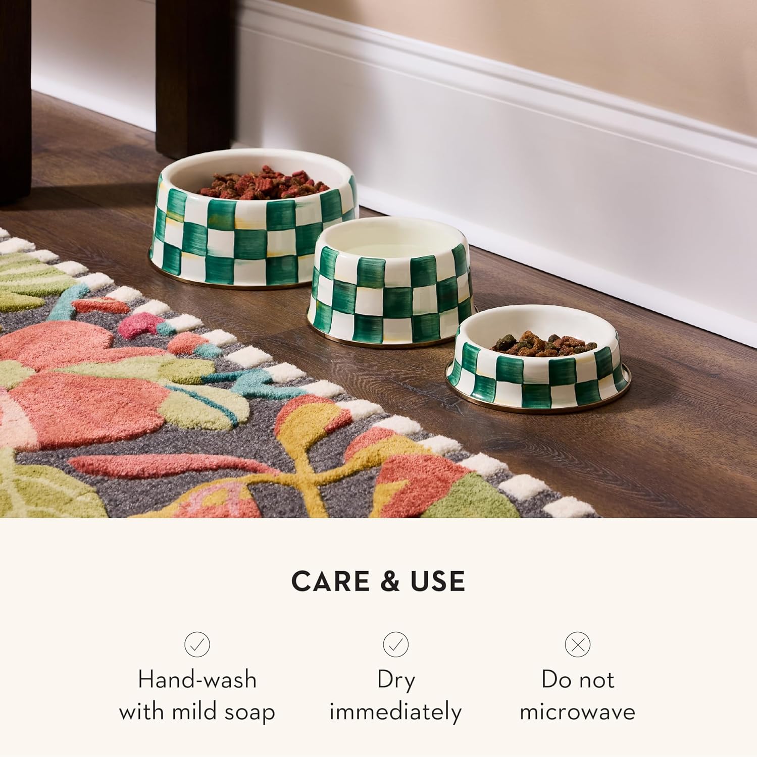 MACKENZIE-CHILDS Enamel Pet Bowl, Cute Cat and Dog Bowl for Food and Water, Medium, Green-and-White Emerald Check
