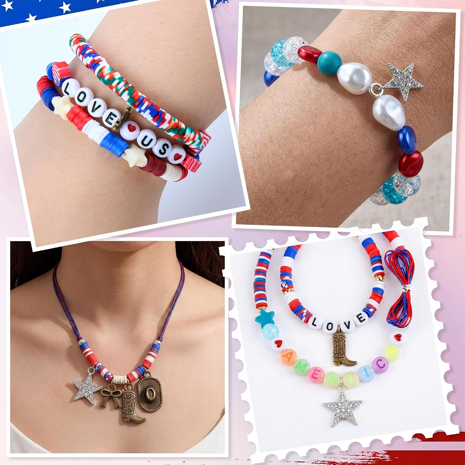 Bafeil 1300 Pcs 4th of July Patriotic Beads Bracelet Making Kit with Pendant, Independence Day Red White Blue Glow-in-Dark Letter Glass Seed Stars USA Beads Accessories for DIY Jewelry Making