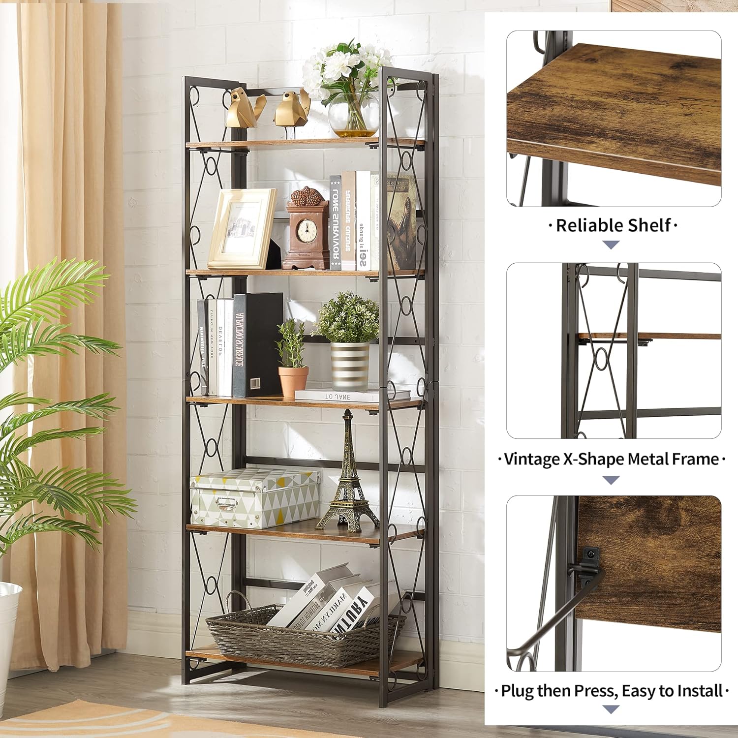VECELO Folding Bookshelf, 5-Tier Bookcase Easy Assembly, Industrial Book Shelf Storage Organizer with X Metal Frame for Living Room/Home Office,Antique Brown,Set of 2