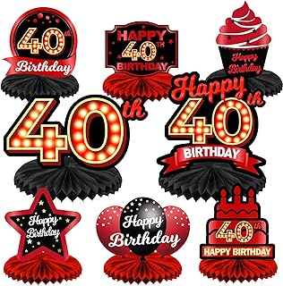 Happy 40th Birthday Red and Black Table Honeycomb Centerpieces Balloons Theme Decor Table Decorations Table Toppers for Girls Women Princess 40 Years Old Birthday Party Bday Supplies Background Gold