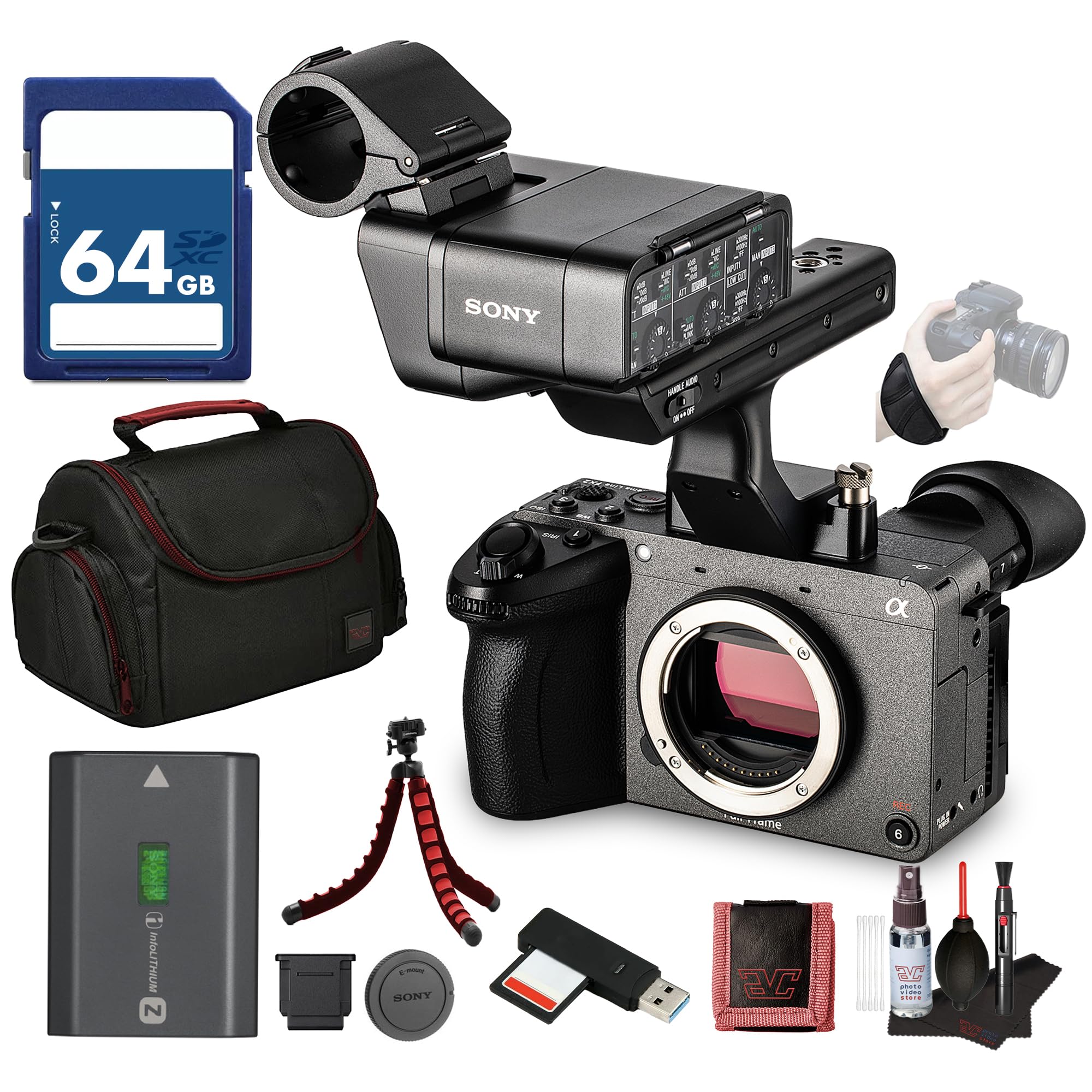 Sony FX2 Cinema Camera Kit w/XLR Handle – Dual XLR Audio, Full-Frame 4K (ILME-FX2) + 64GB Memory Card + Camera Bag + Flexible Tripod + Cleaning Kit + Hand Strap + Card Wallet + Card Reader