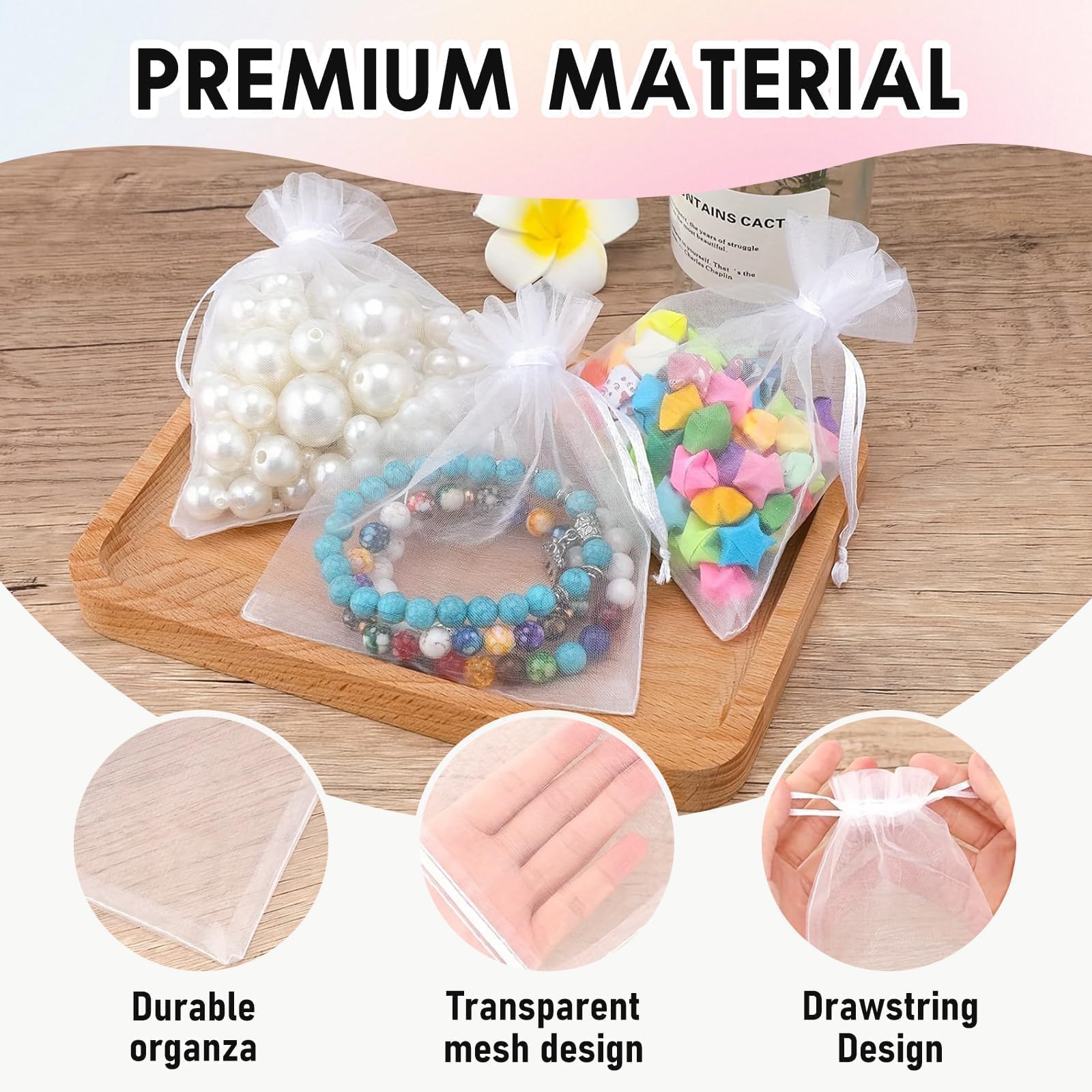 Quelcc 100 Piezas Bolsas de Organza, 7x9cm Bolsas Organza, Bolsitas de Tela Pequeñas Blancas para Bolsas Regalo con Cordón, Bolsita de Tul, Joyas, para Boda Favores Joyas y Dulces