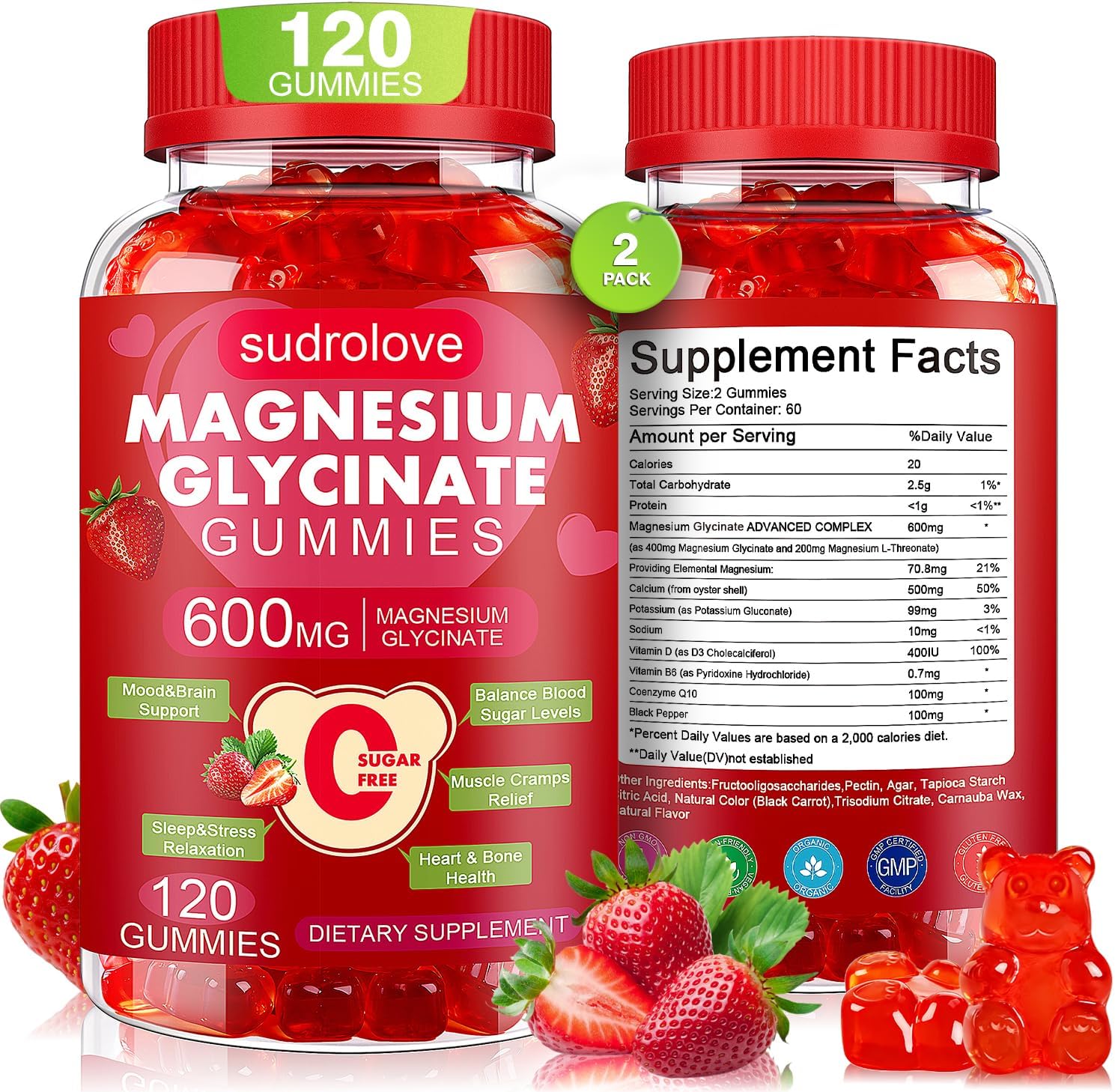 Magnesium Glycinate Gummies 600mg – Sugar Free Magnesium & Potassium Dietary Supplement with Vitamin D, B6 and CoQ10 for Calm Support & Sleep for Adults - High Absorption -Pineapple Gummies