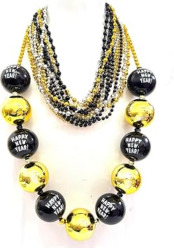 31 Pcs Happy New Year Beads Necklaces Black Gold Silver Jumbo Ball Beads Necklaces Happy New Years Eve Party Decorations