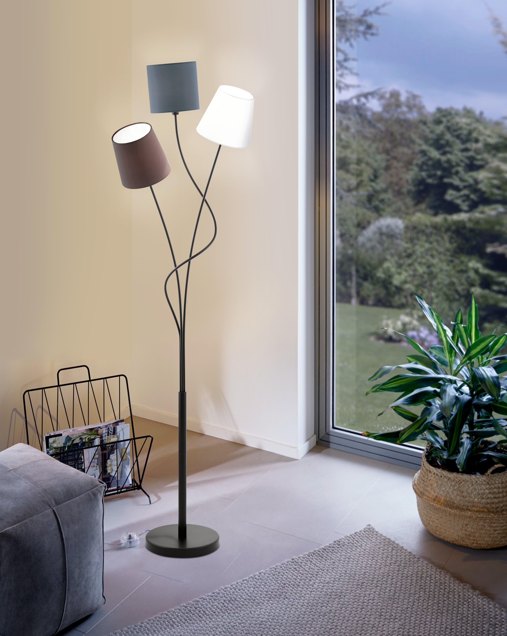 EGLO Stehlampe Maronda, 3 flammige Stehleuchte | Standleuchte aus Stahl und Stoff, Farbe: Schwarz, anthrazit, weiß, braun, Fassung: E14, inkl. Trittschalter
