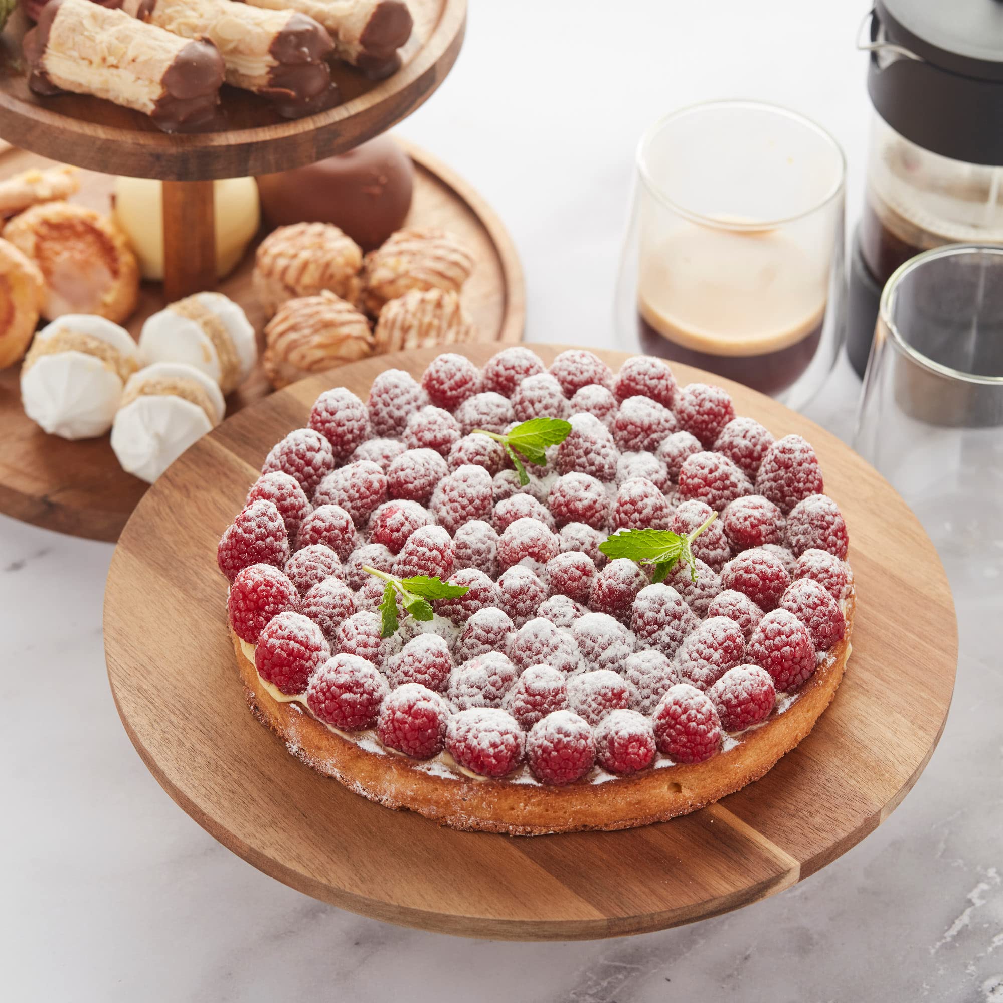 Point-Virgule Plateau à gâteau avec pied, accessoires et accessoires de pâtisserie en bois d'acacia 7,5 cm de haut, 32 cm