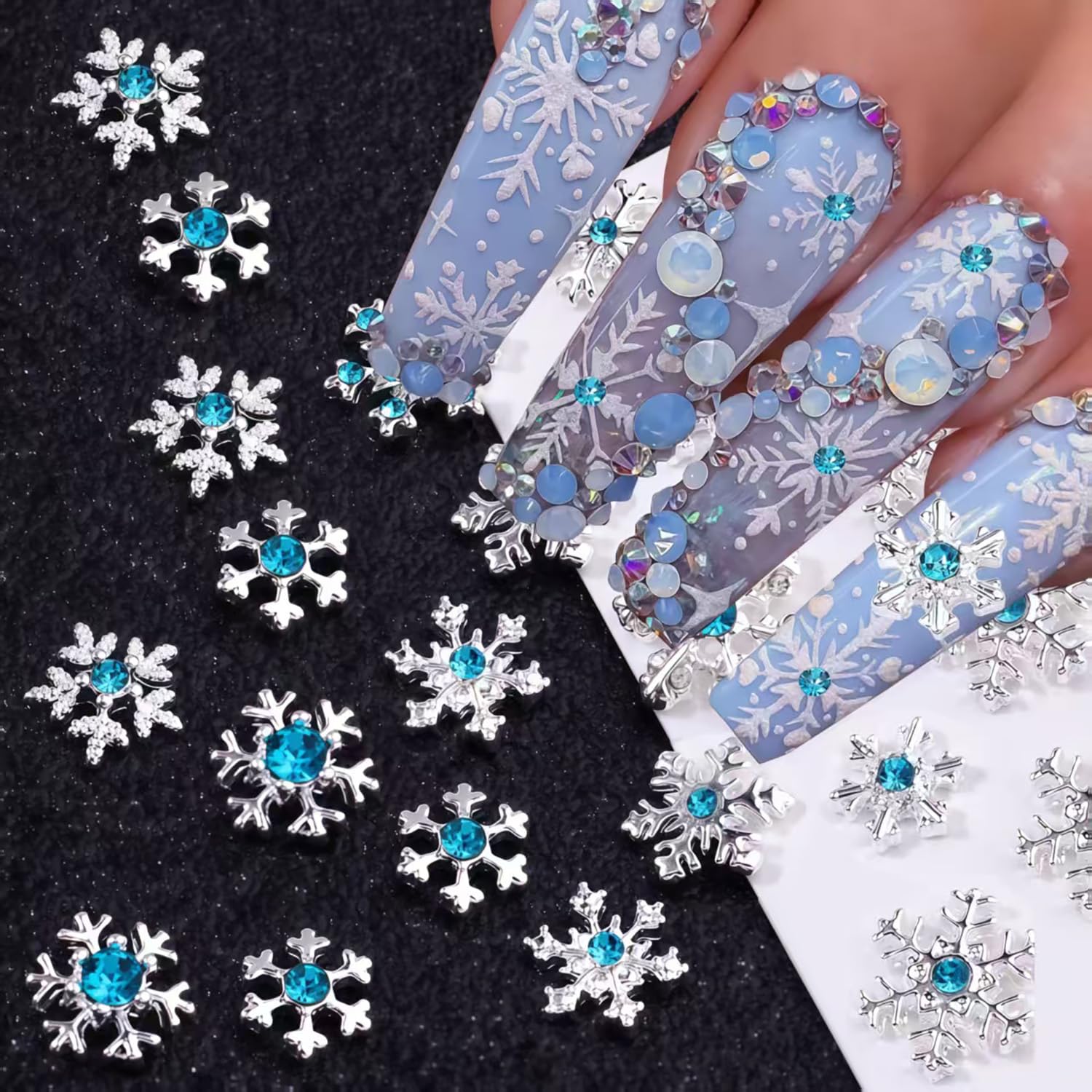 20 ciondoli per unghie a forma di fiocco di neve, argento lucido, blu, inverno, Natale, fiocco di neve, strass, design fiocchi di neve, ciondoli per unghie acriliche, unghie di Natale, gioielli per