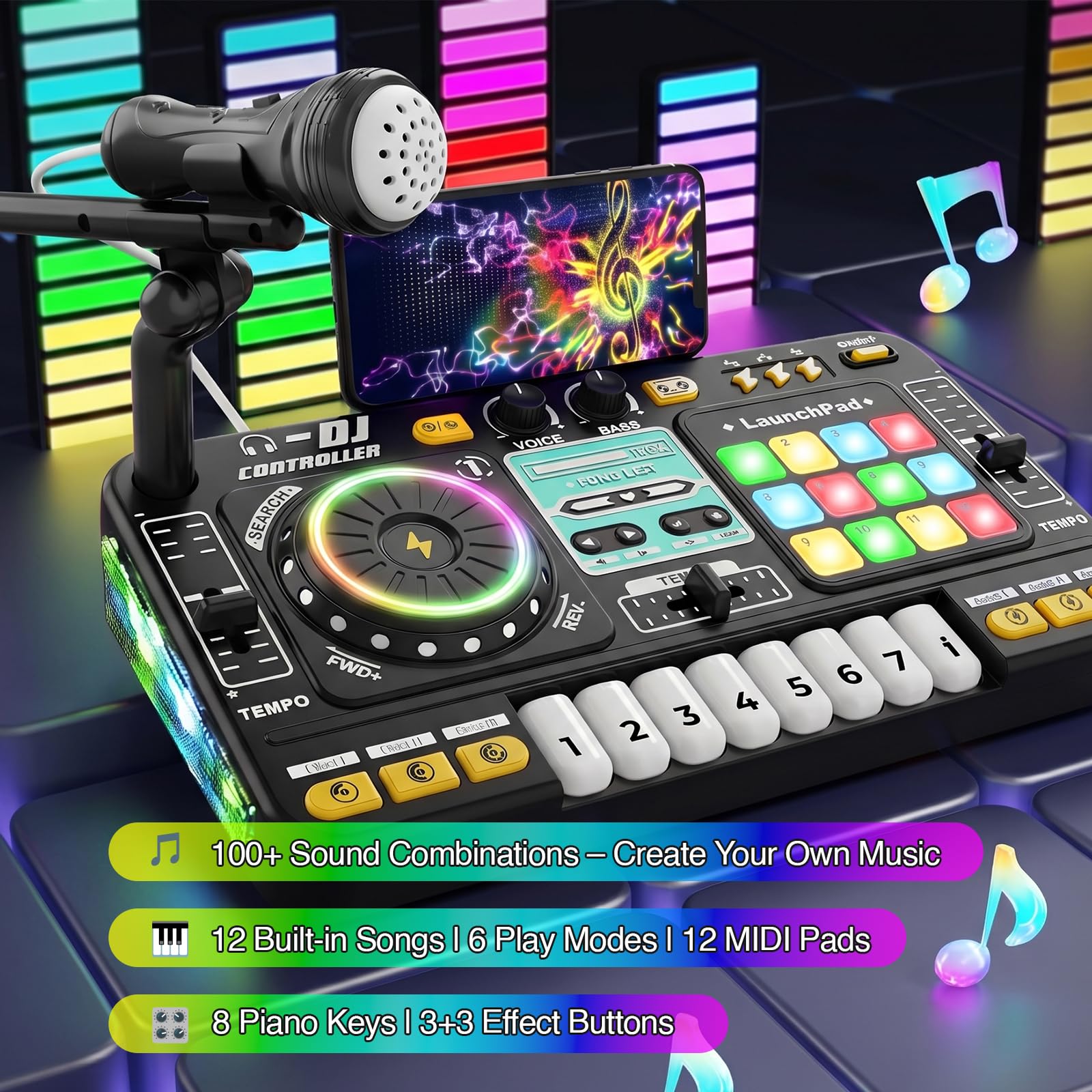 Tavolo DJ per bambini, mixer multifunzione DJ con microfono, 100+ effetti sonori, batteria, giocattolo educativo interattivo con effetti luminosi, per bambini dai 3 ai 12 anni e principianti