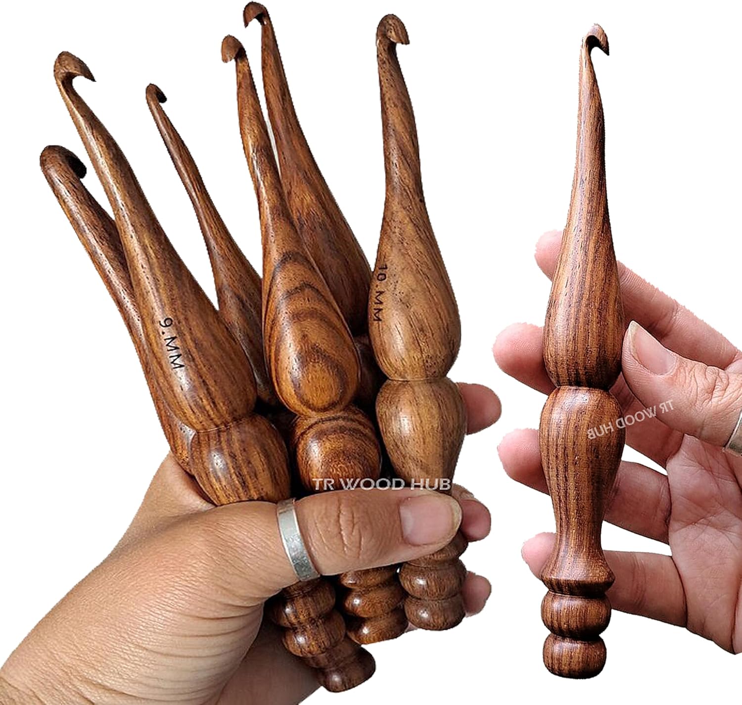 Wooden Ergonomic Crochet Hooks Set | Rosewood Needles for Arthritis Hands, Crochet Hooks for Knitting & Weaving, Soft Grip, 4mm to 9mm / Size Engraved, Yarn Accessories (Set of 6)