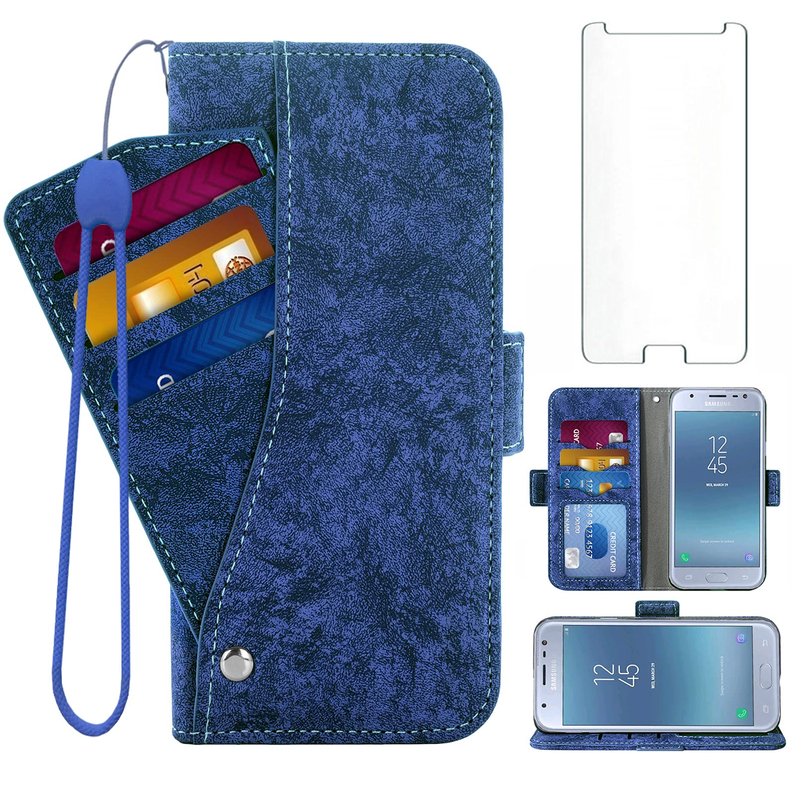 AsuwishCompatible with Samsung Galaxy J3 Orbit J 3 Star 2018 3J Achieve Wallet Case Tempered Glass Screen Protector Card Holder Stand Kickstand Phone Cases for Glaxay J3V V 3rd Gen J337A Blue