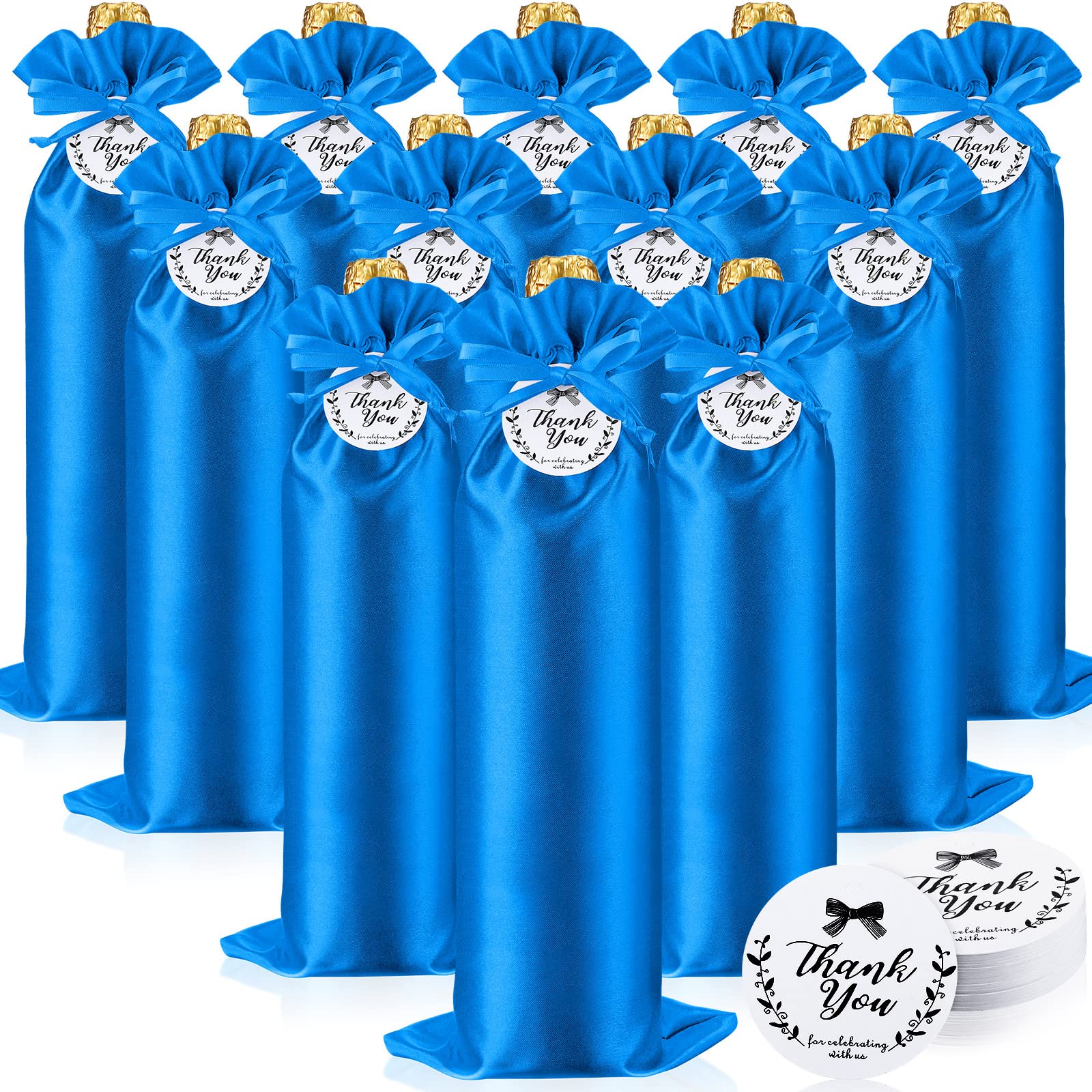 Shappy 12 Pcs Satin Blue Gift Bags with Drawstrings & Tags, Reusable Wine Bottle Covers for Christmas, Wedding, Birthday, Travel, Holiday Party,